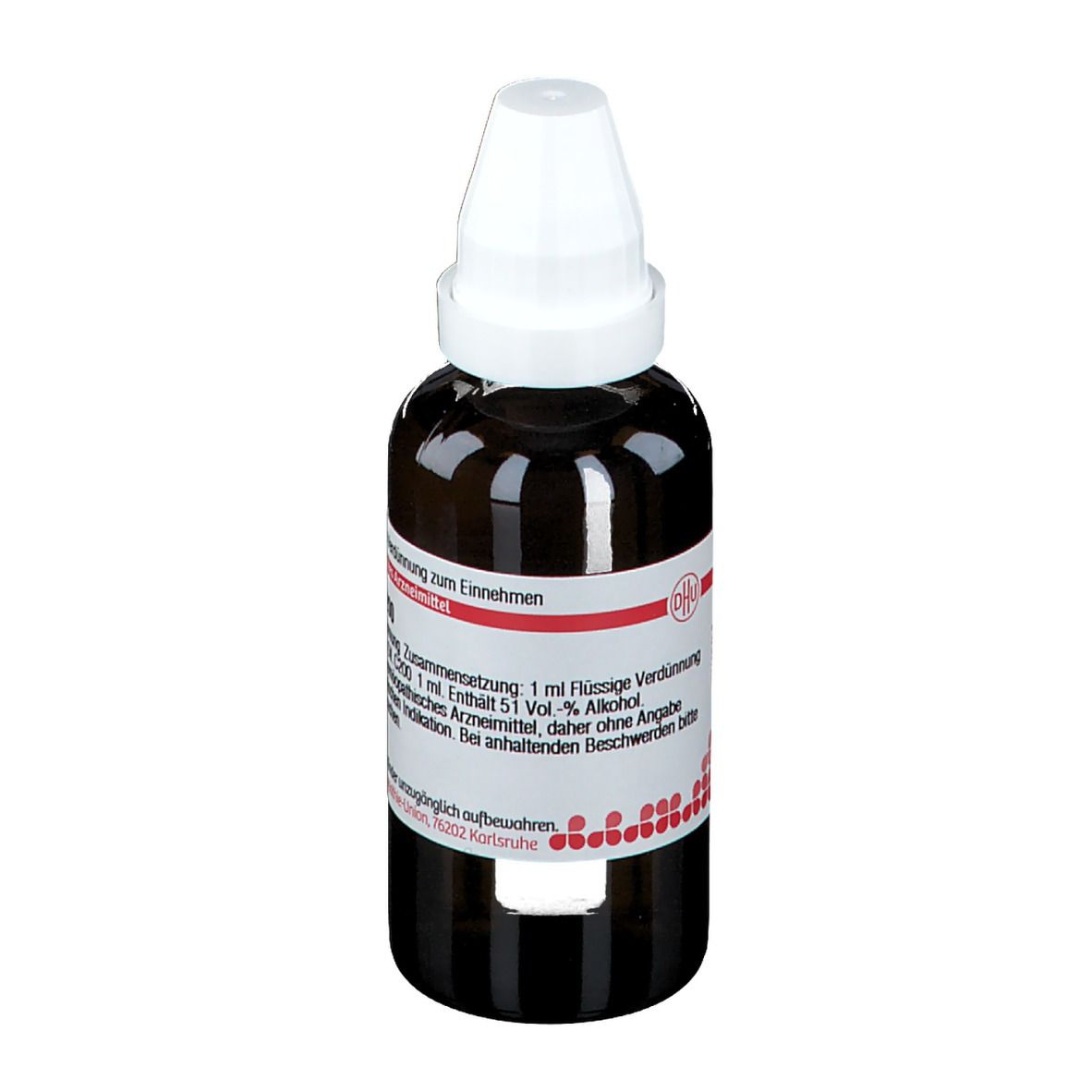 Braune Glasflasche mit weißem Verschluss. Beschriftung: Arnica C 200, 50 ml Flüssige Verdünnung. Für Einnahme.