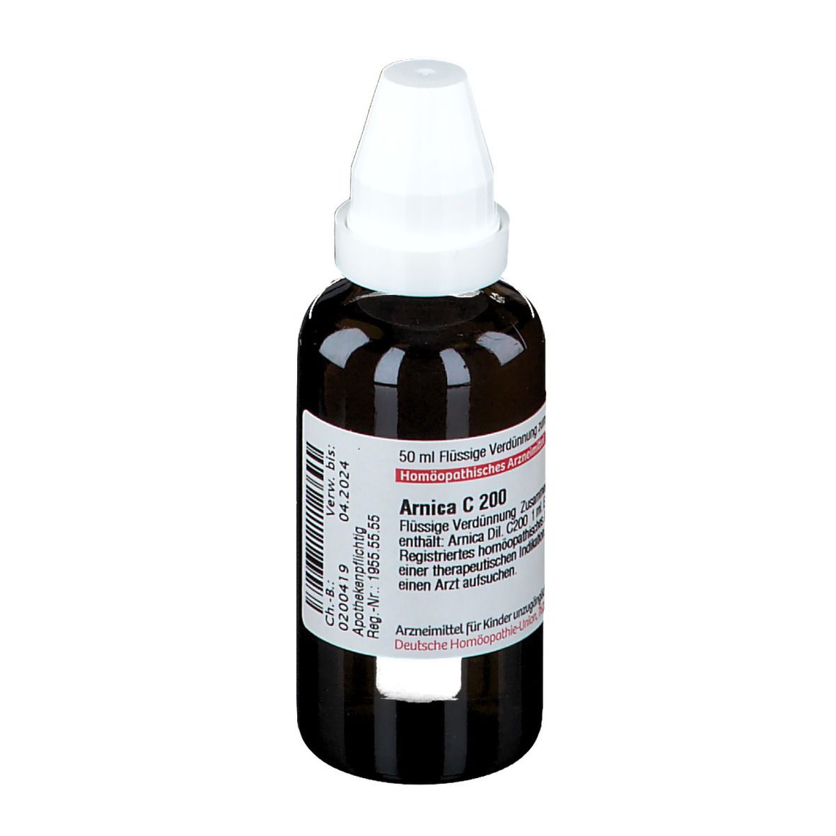 Braune Glasflasche mit weißem Verschluss. Beschriftung: Arnica C 200, 50 ml Flüssige Verdünnung. Apothekenpflichtig.