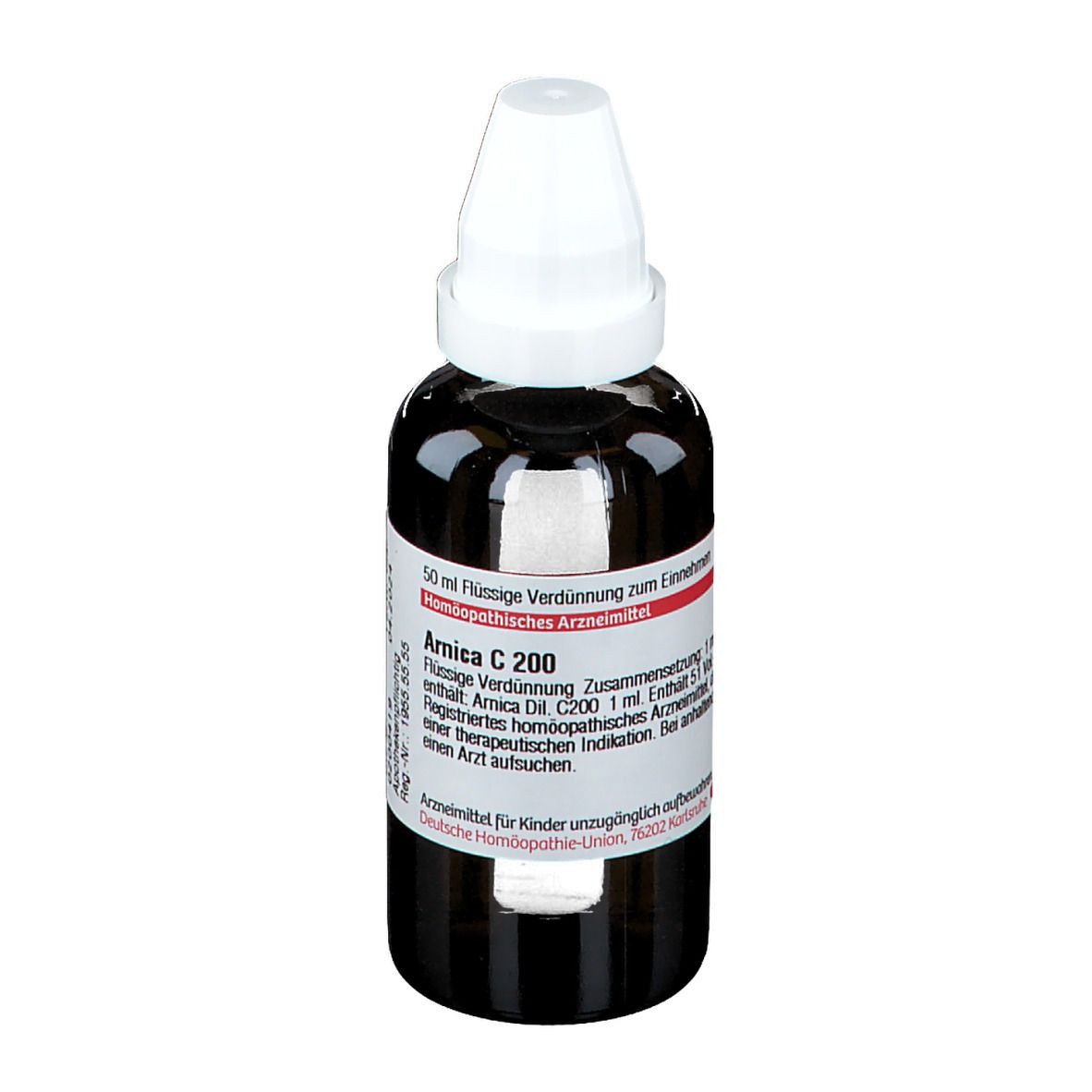 Braune Glasflasche mit weißem Verschluss. Beschriftung: Arnica C 200, 50 ml Flüssige Verdünnung. Für Einnahme.