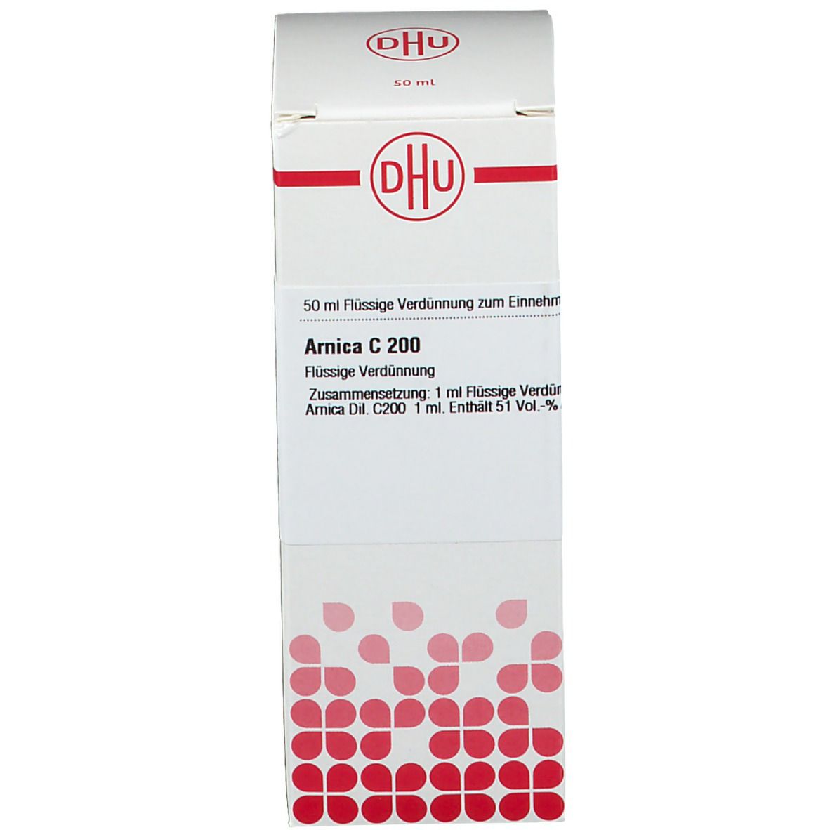 Produktverpackung. Aufschrift: Arnica C 200, 50 ml Flüssige Verdünnung. DHU Logo. Rote Punkte.