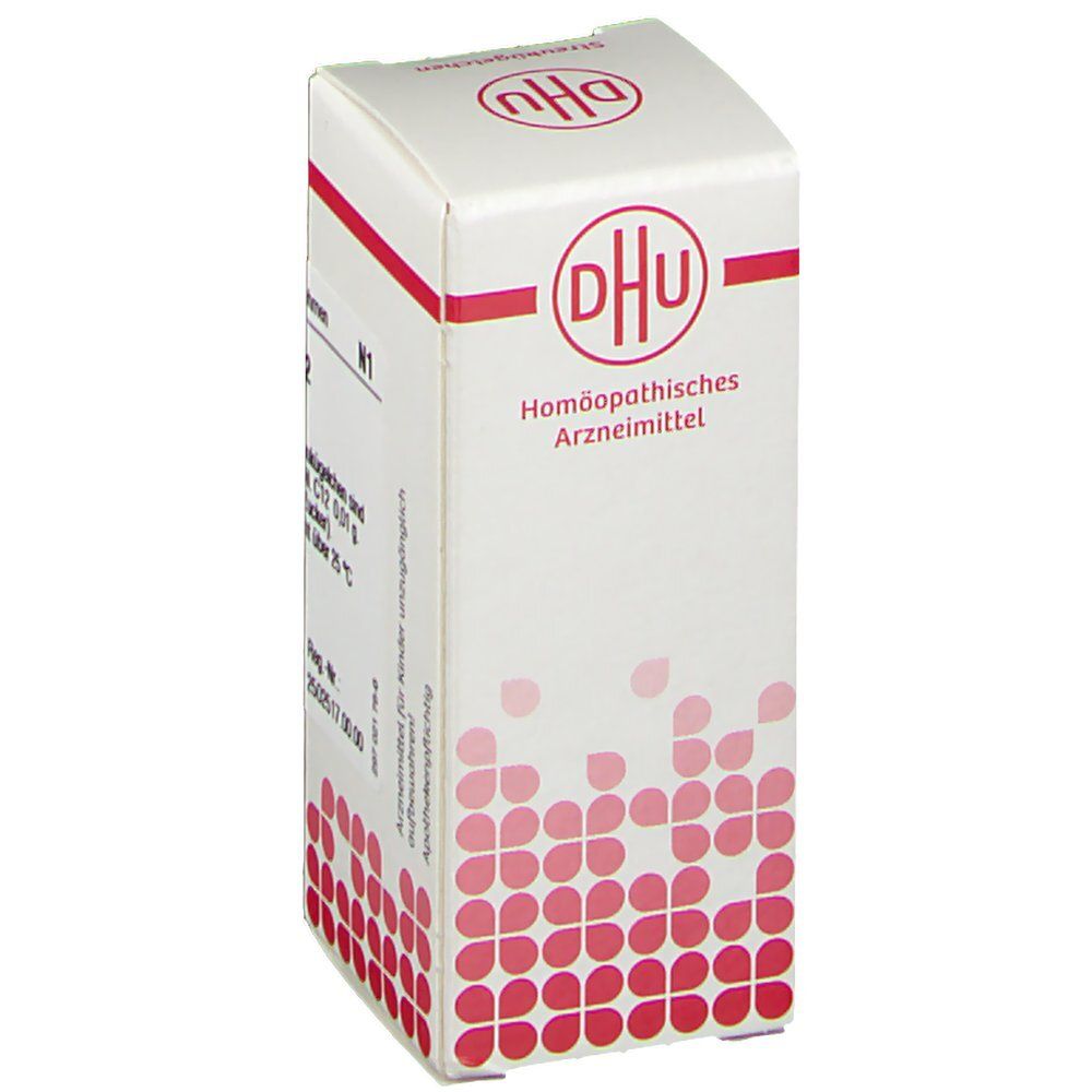 Weiße Schachtel mit rotem Muster und DHU-Logo. Text: Homöopathisches Arzneimittel. N1. Apothekenpflichtig. Nicht über 25°C lagern.