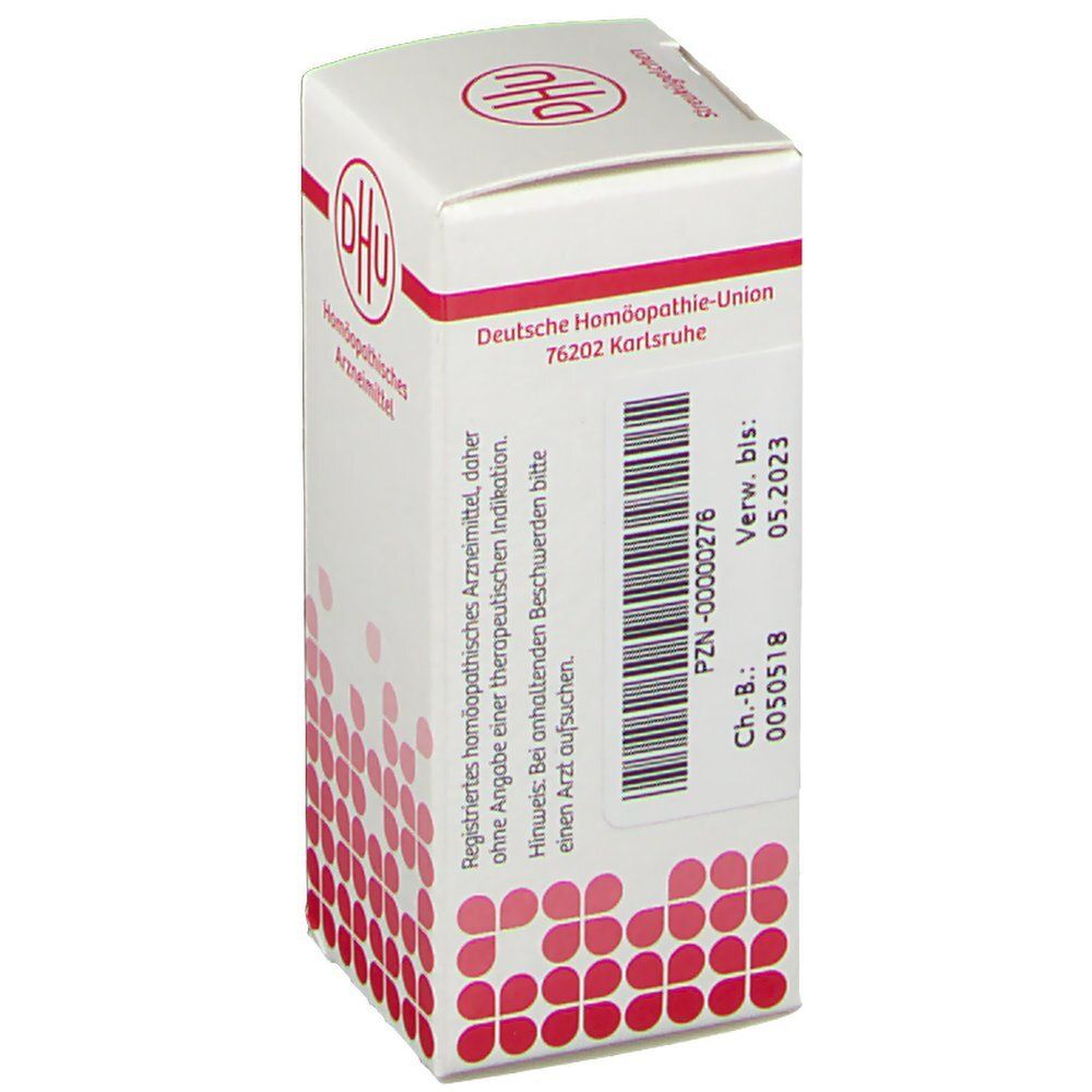 Weiße Schachtel mit rotem Muster und DHU-Logo. Text: Deutsche Homöopathie-Union. Barcode. Verwendbar bis 05.2023.