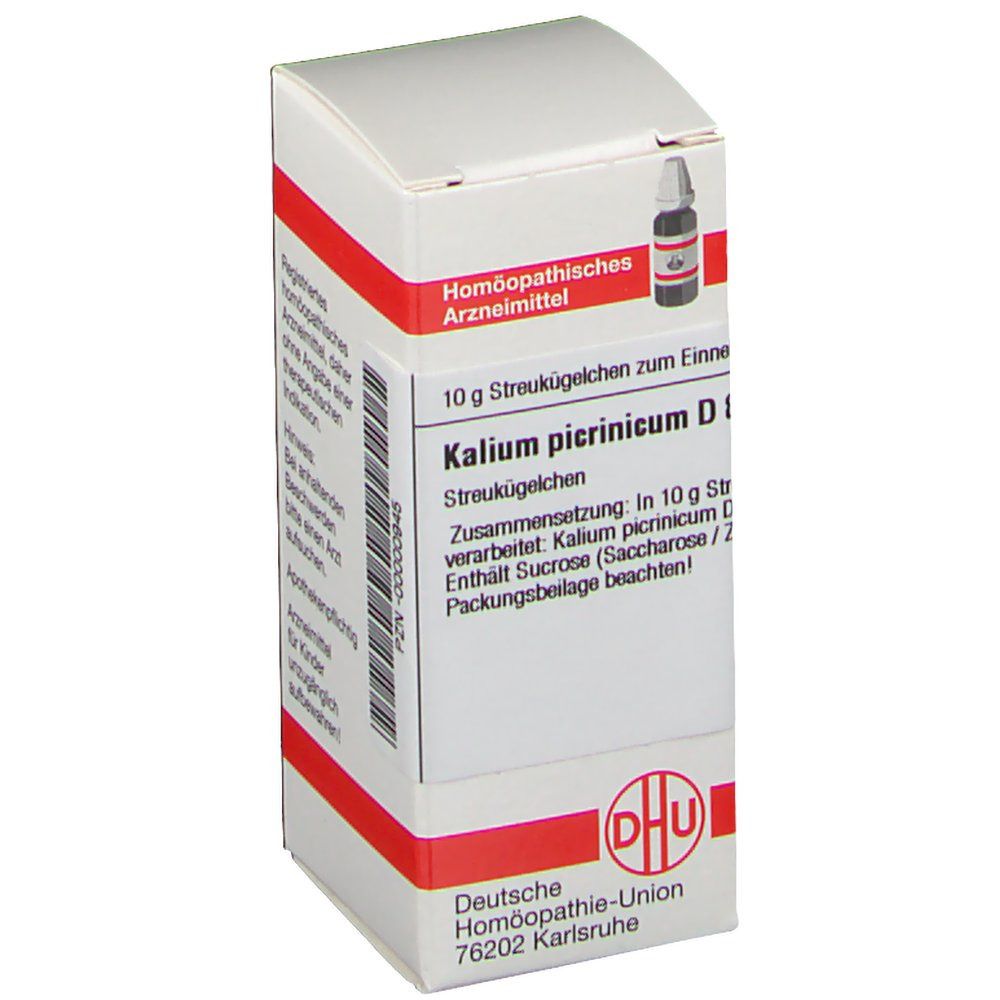 Weiße Schachtel mit rotem Streifen. Aufschrift: Kalium picrinicum D8, 10 g Streukügelchen. DHU-Logo.