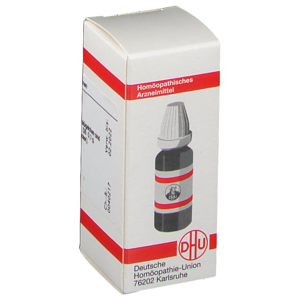 Weiße Schachtel, roter Streifen. Flasche mit Globuli. Aufschrift: Homöopathisches Arzneimittel. DHU-Logo.