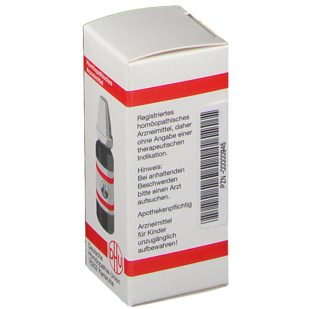 Weiße Schachtel. Aufschrift: Registriertes homöopathisches Arzneimittel. DHU-Logo. Apothekenpflichtig.
