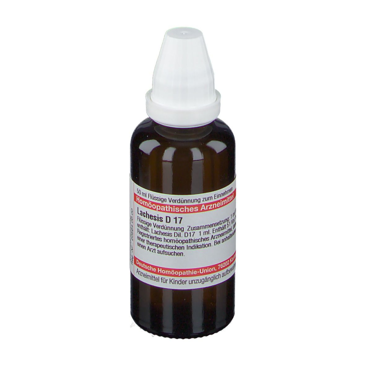 Braune Glasflasche mit weißem Verschluss. Etikett mit Produktinformationen. DHU Lachesis D17.