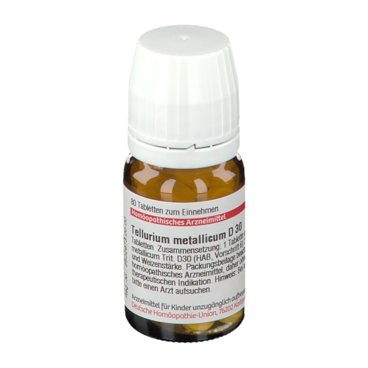 Braune Glasflasche mit weißem Deckel. Etikett mit Text: Tellurium metallicum D 30, 80 Tabletten. Apothekenpflichtiges Arzneimittel.