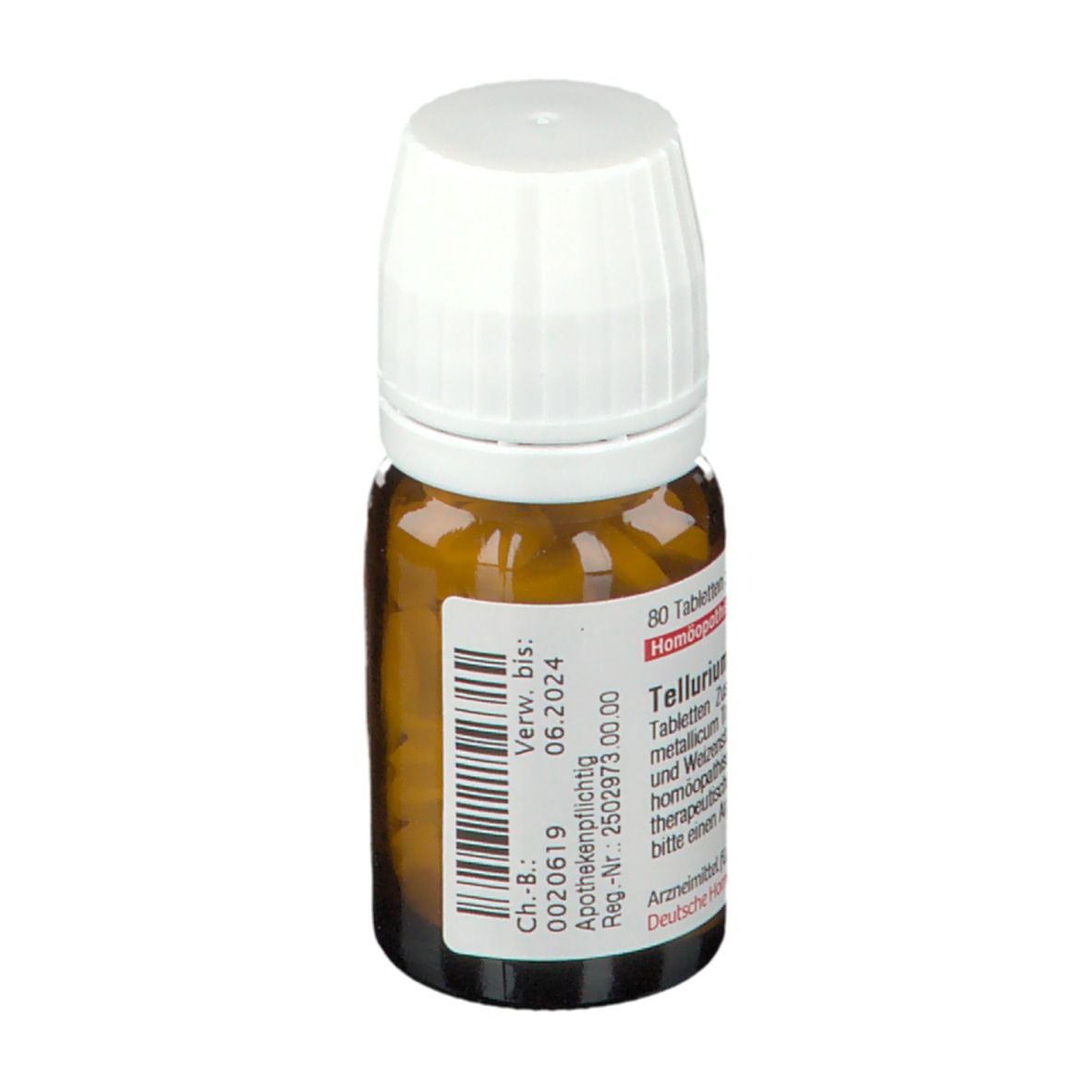 Braune Glasflasche mit weißem Deckel. Etikett mit Text: Tellurium metallicum D 30, 80 Tabletten. Verwendbar bis 06.2024.