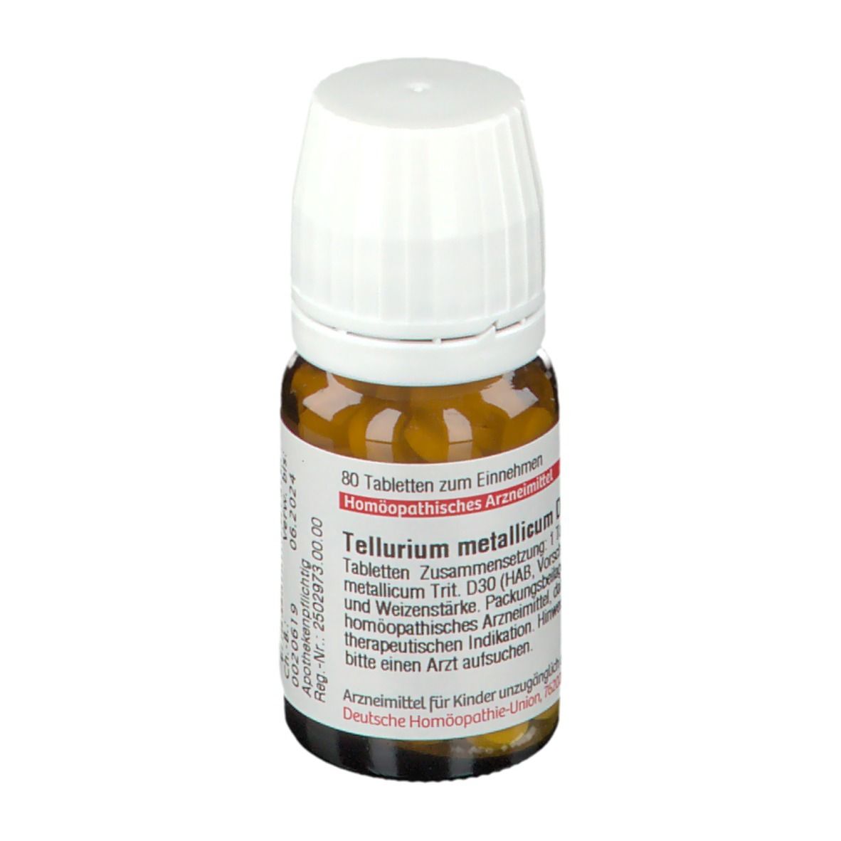 Braune Glasflasche mit weißem Deckel. Etikett mit Text: Tellurium metallicum D 30, 80 Tabletten. Apothekenpflichtig.
