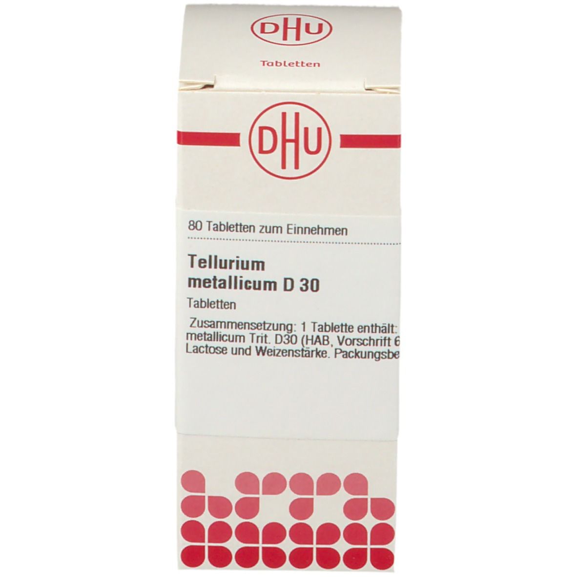Weiße Schachtel mit DHU-Logo. Text: Tellurium metallicum D 30, 80 Tabletten. Zusammensetzung: 1 Tablette enthält...