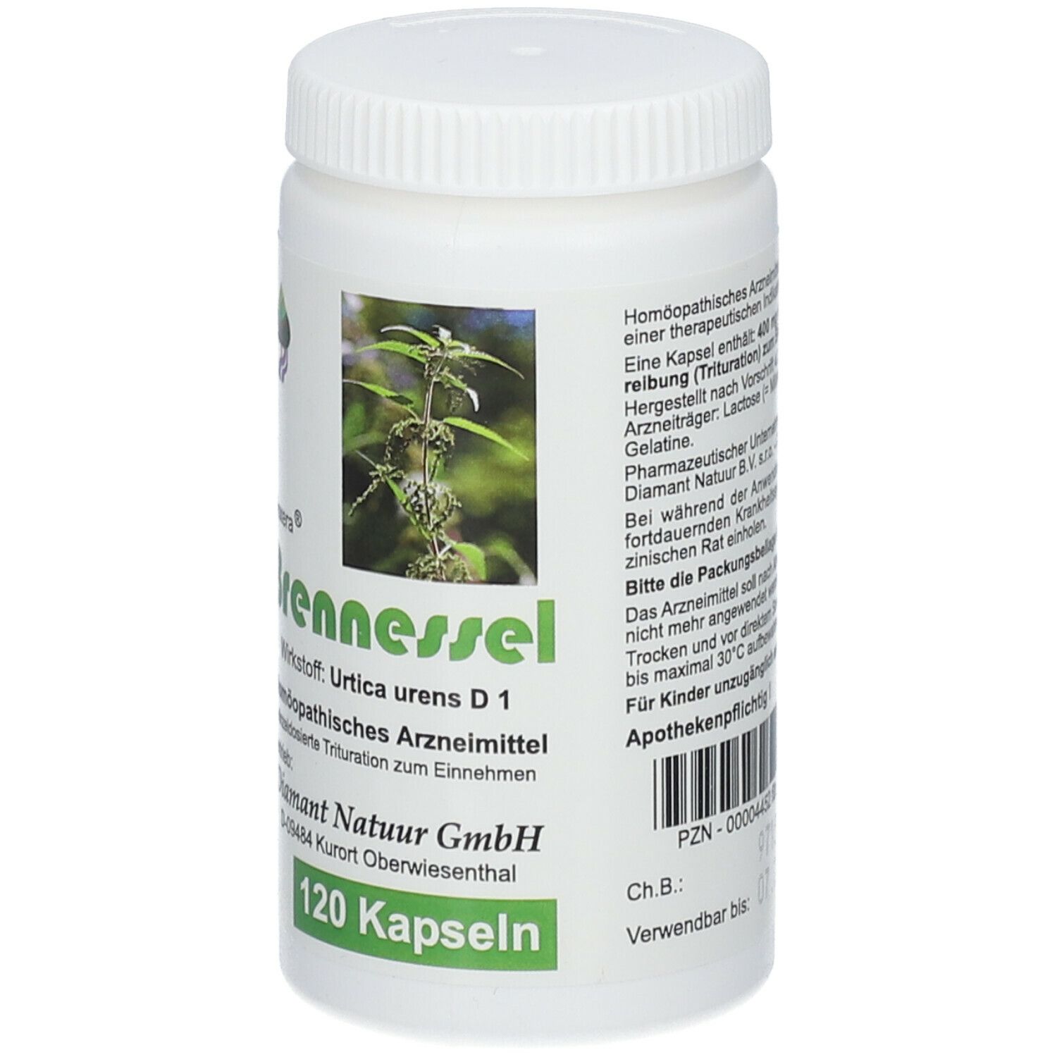Weiße Flasche mit grünem Etikett. Aufschrift: Bioxera Brennessel, 120 Kapseln. Bild von Brennnessel.