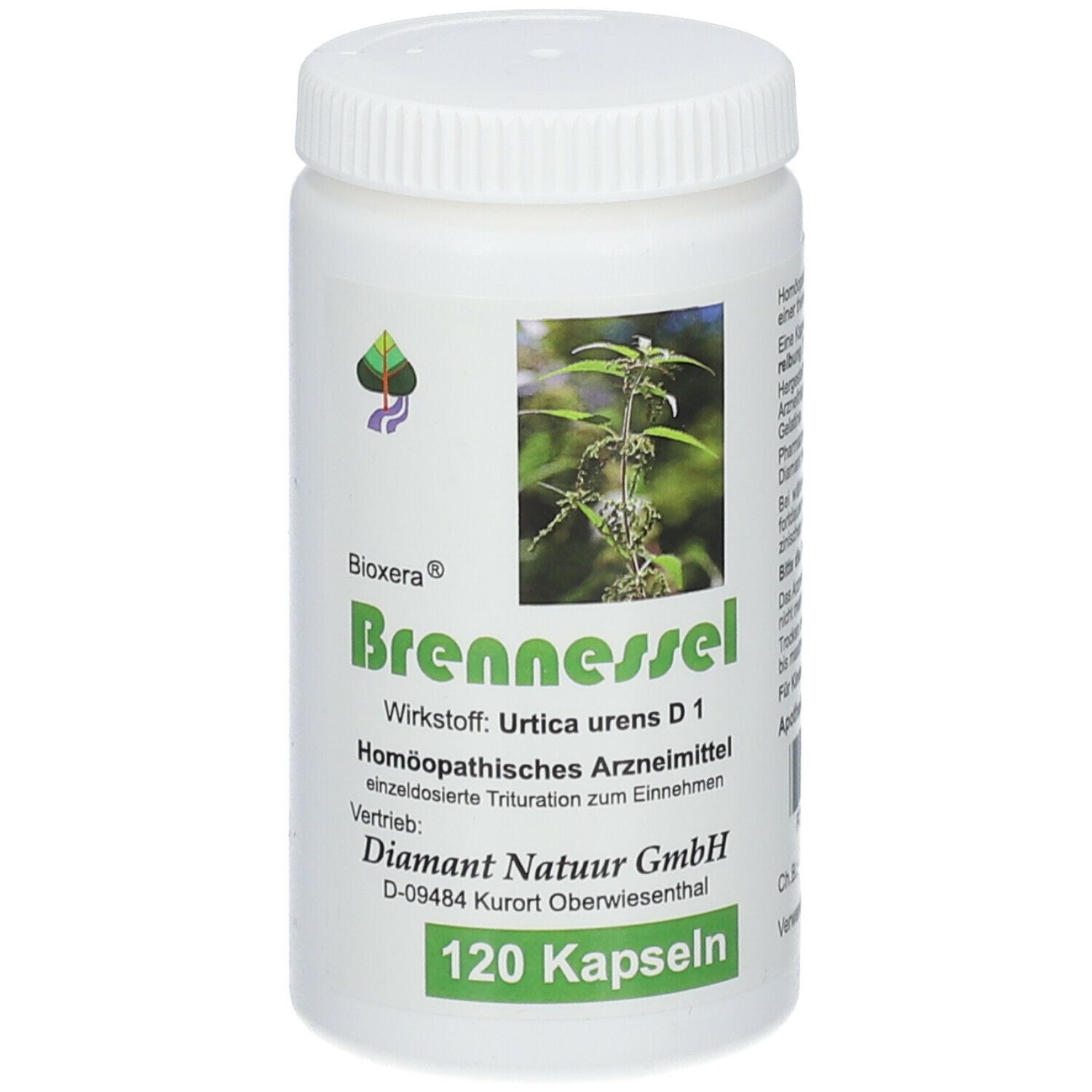 Weiße Flasche mit grünem Etikett. Aufschrift: Bioxera Brennessel, 120 Kapseln. Bild von Brennnessel.