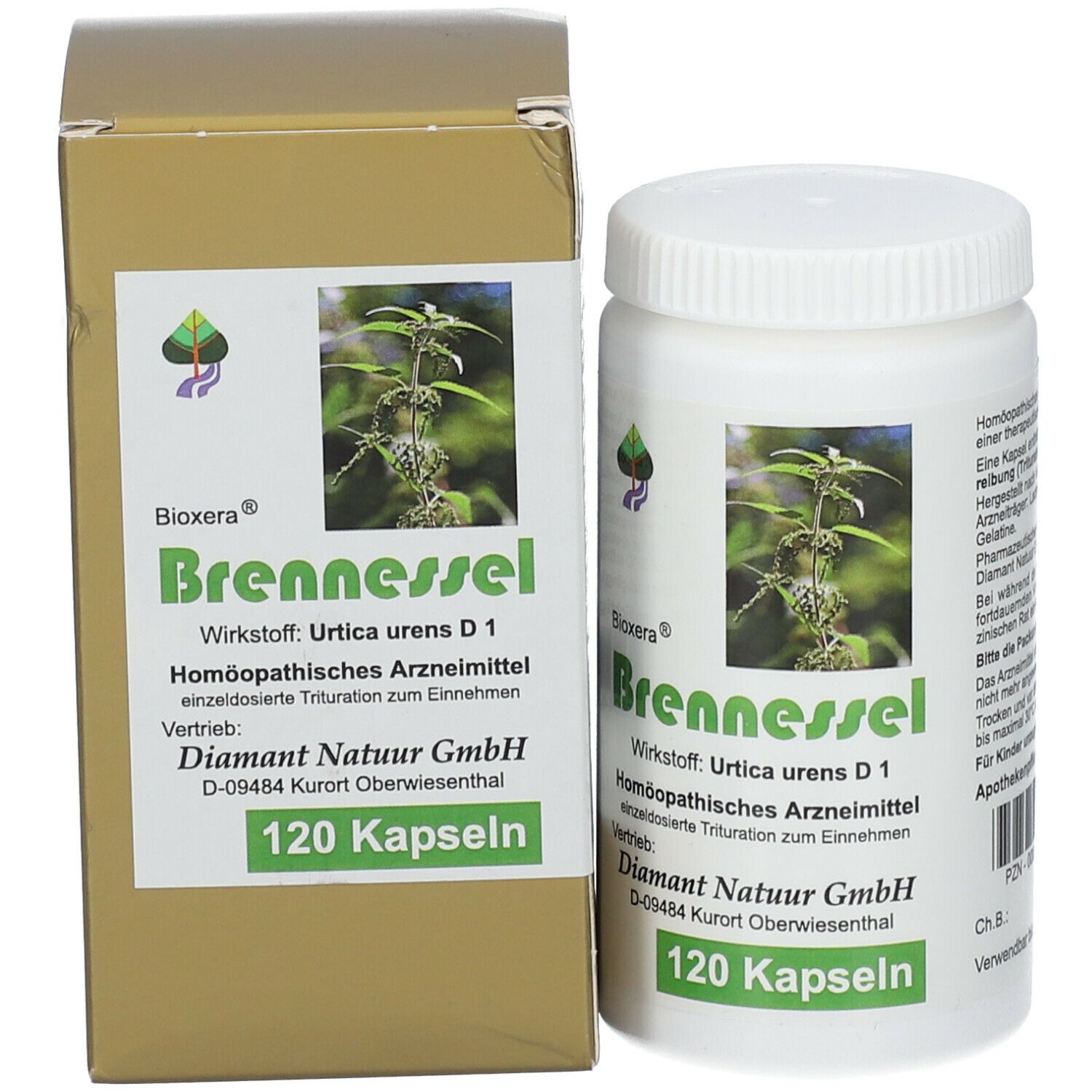 Bioxera Brennessel Flasche und Schachtel. Aufschrift: 120 Kapseln. Bild von Brennnessel.