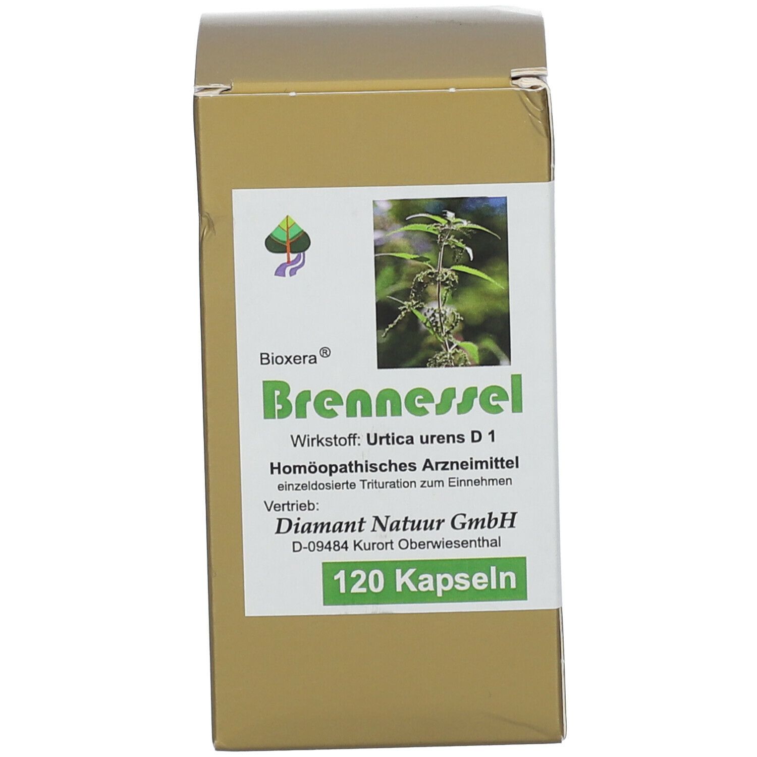 Goldfarbene Schachtel mit Aufschrift: Bioxera Brennessel, 120 Kapseln. Bild von Brennnessel.