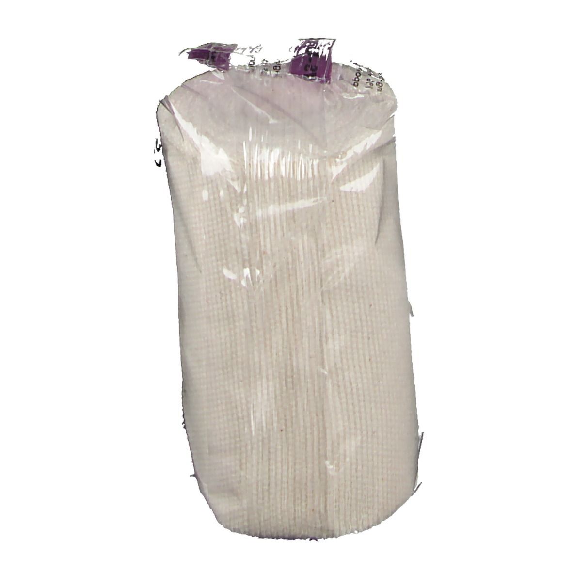 Gerollte, weiße Binde in transparenter Folie. Die Binde ist rechteckig und hat eine geriffelte Oberfläche.