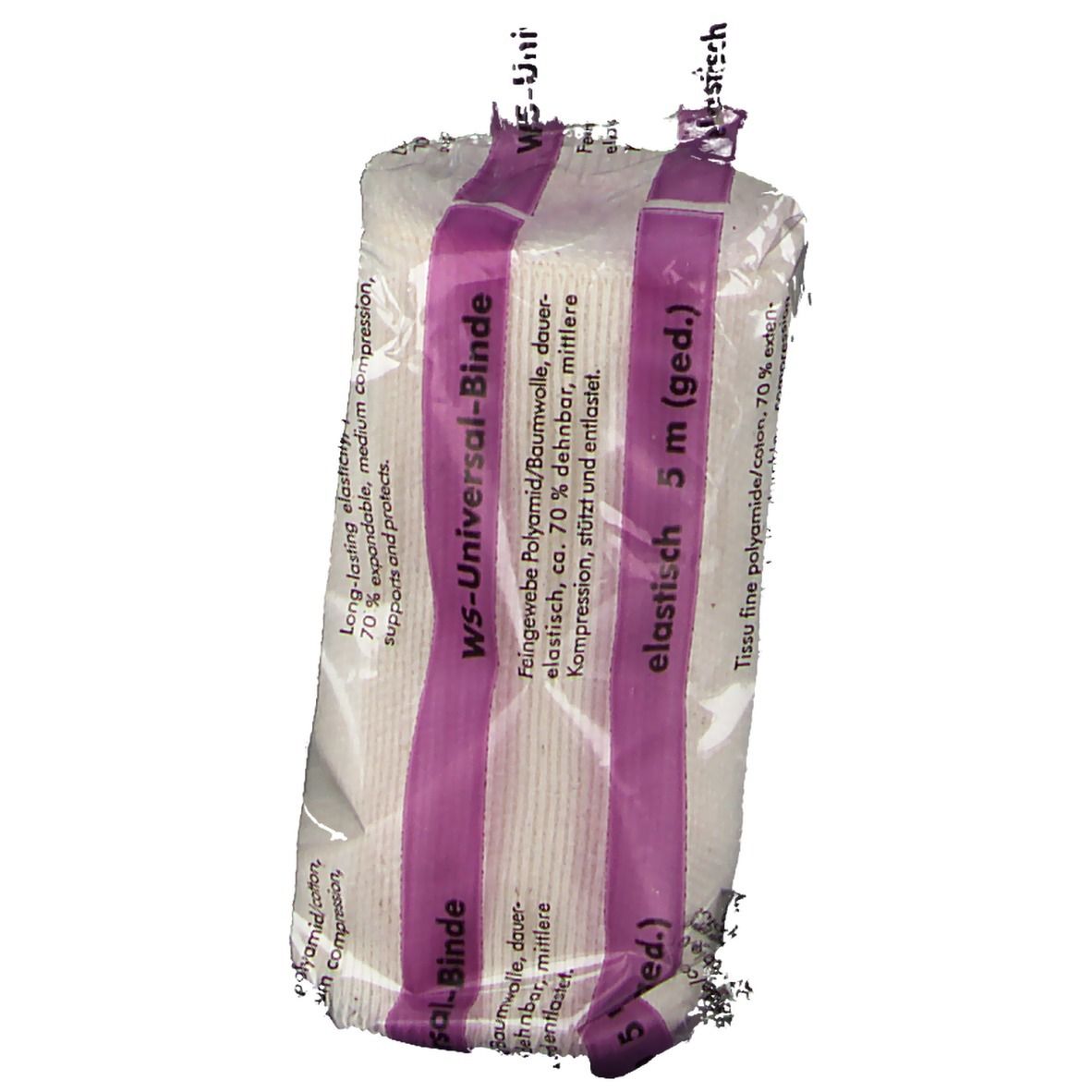 Verpackte Binde, teilweise sichtbar. Aufschrift: WS-Universal-Binde, elastisch, 5 m (ged.). Lila Streifen auf der Verpackung.