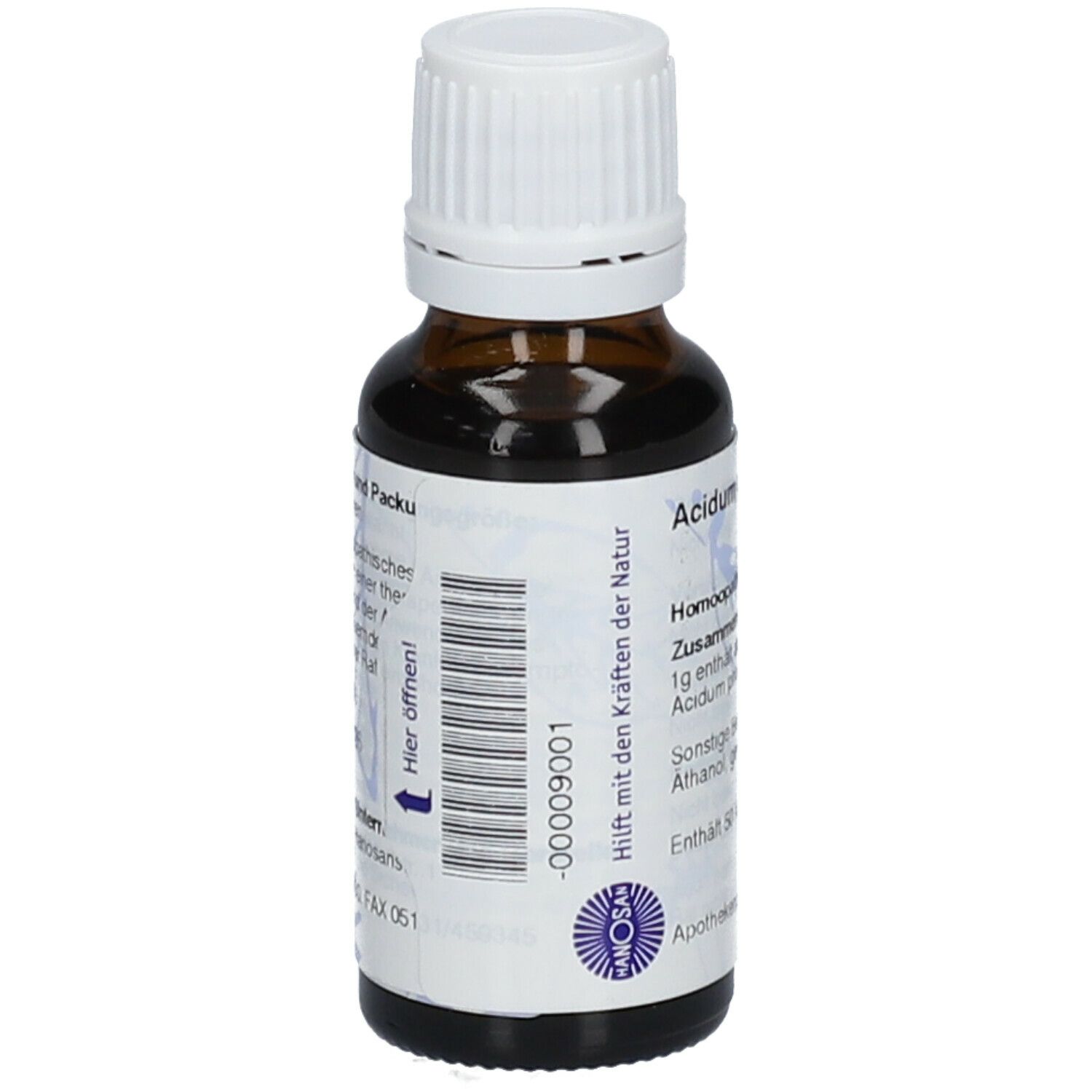 Braune Glasflasche mit weißem Deckel. Rückseite mit Text und Barcode. Hilft mit den Kräften der Natur.