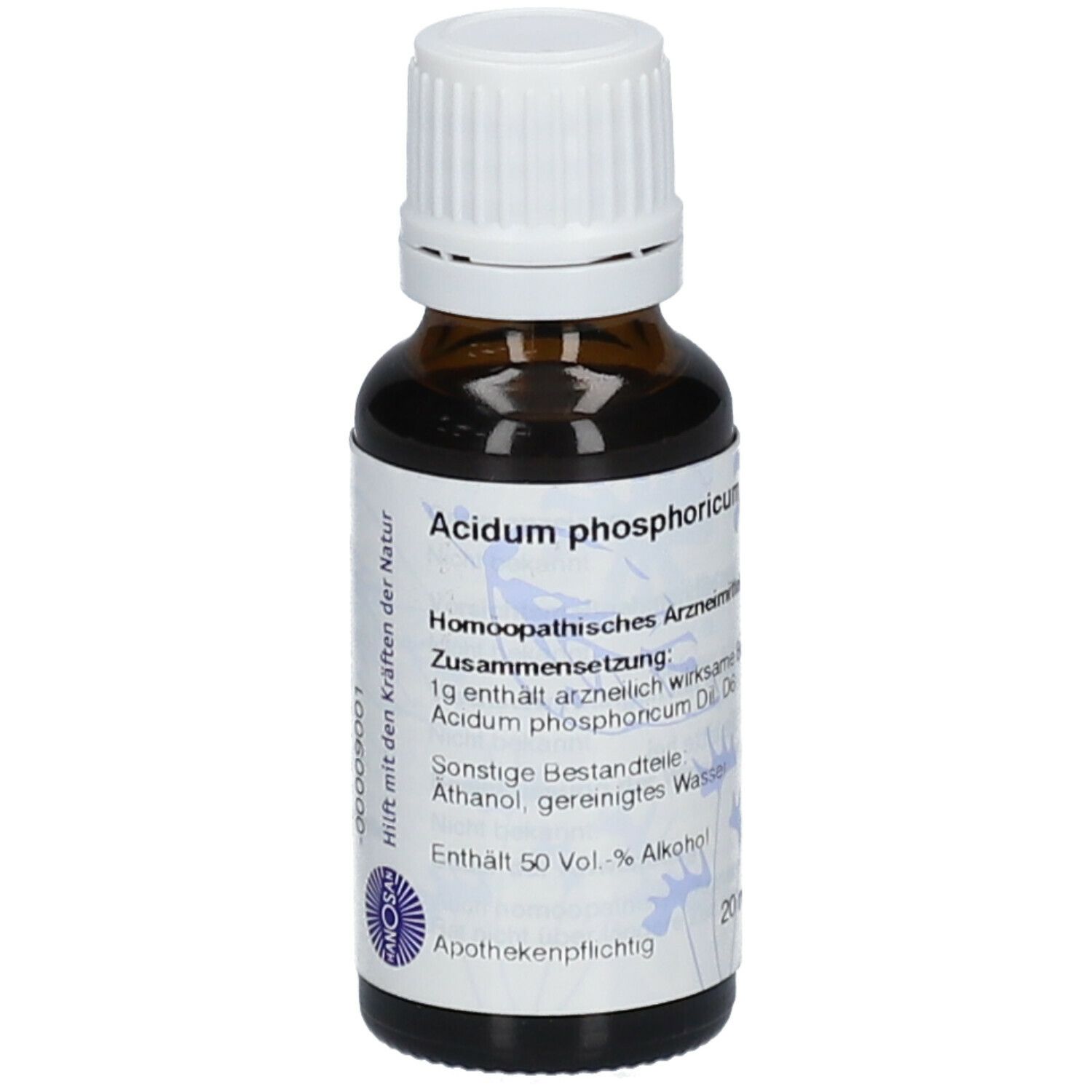 Braune Glasflasche mit weißem Deckel. Beschriftung: Acidum phosphoricum D6, homöopathisches Arzneimittel, 20 ml.