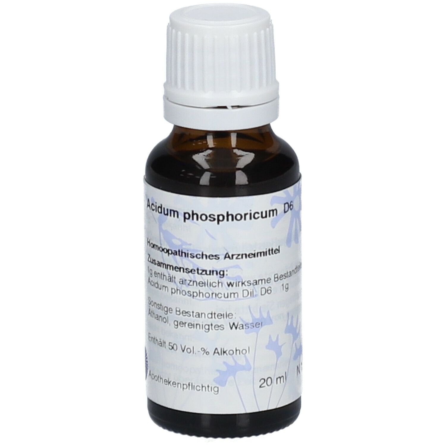 Braune Glasflasche mit weißem Deckel. Beschriftung: Acidum phosphoricum D6, homöopathisches Arzneimittel, 20 ml.