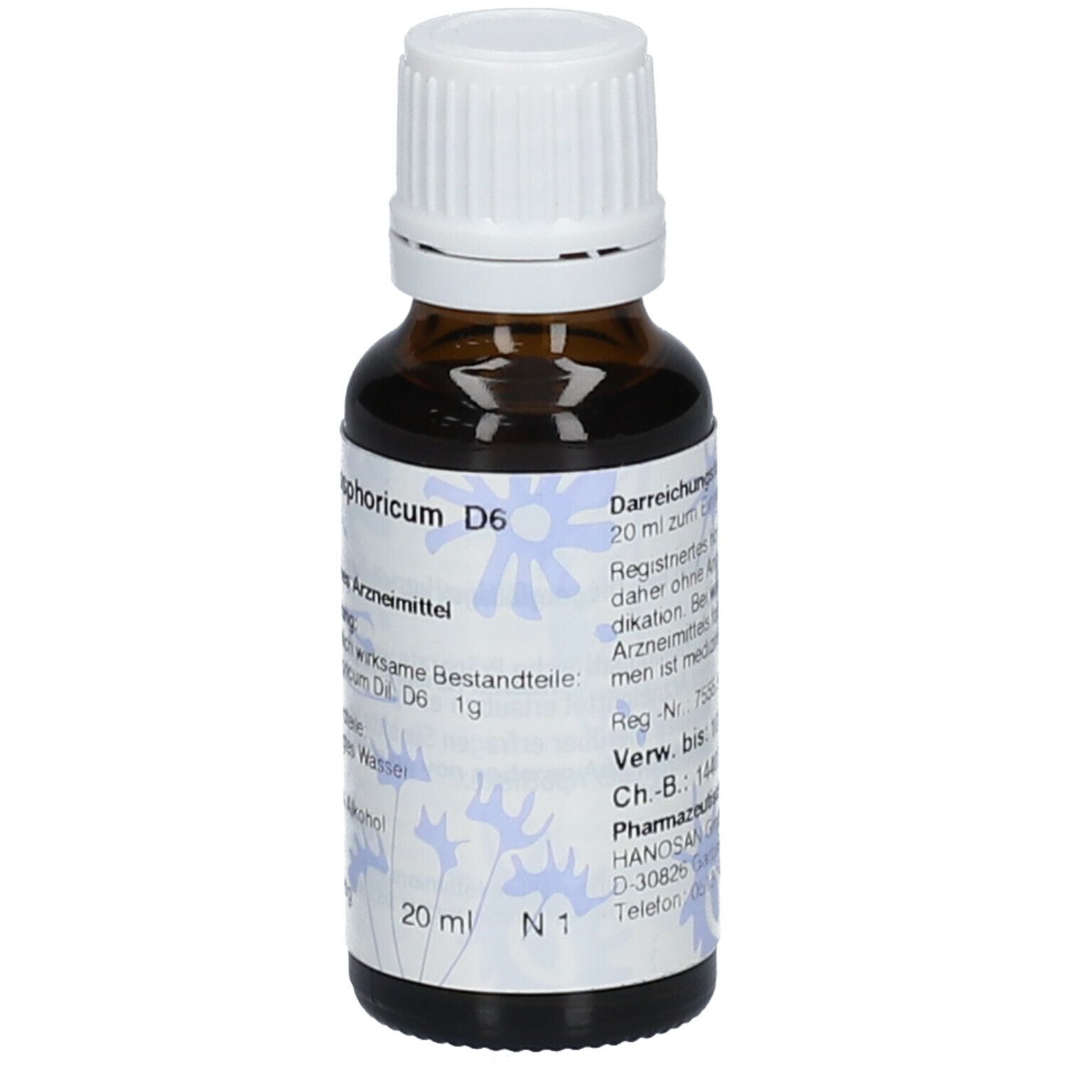 Braune Glasflasche mit weißem Deckel. Beschriftung: Acidum phosphoricum D6, homöopathisches Arzneimittel, 20 ml.