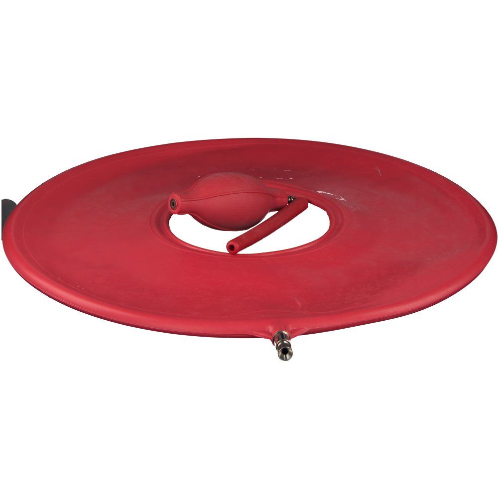 Rotes, rundes Luftkissen mit zentraler Öffnung. Inklusive roter Pumpe und Anschluss. Ansicht von oben.