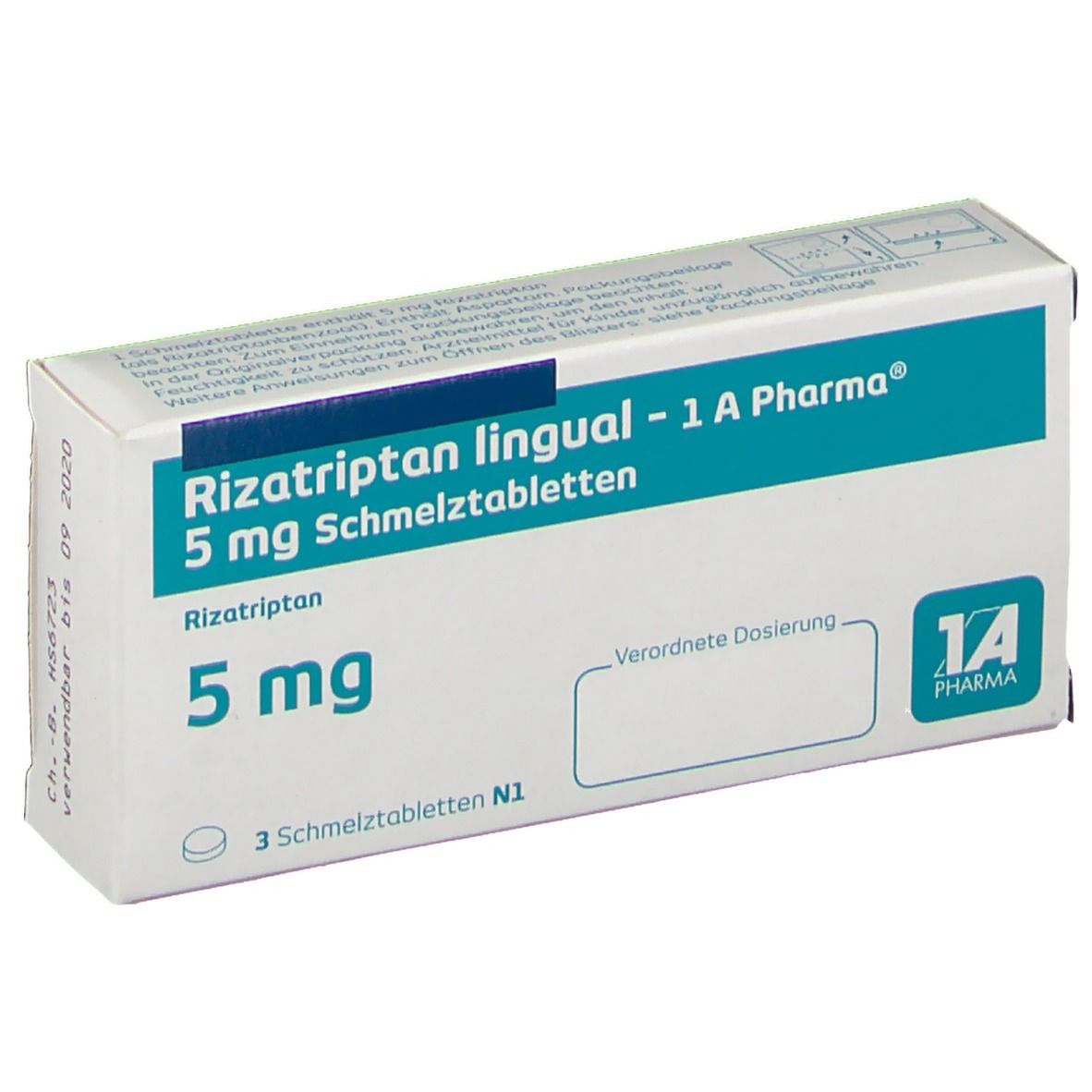 Schachtel mit RIZATRIPTAN lingual 1A Pharma 5 mg Schmelztabl. Aufschrift: 5 mg, 3 Schmelztabletten. Logo 1A Pharma.