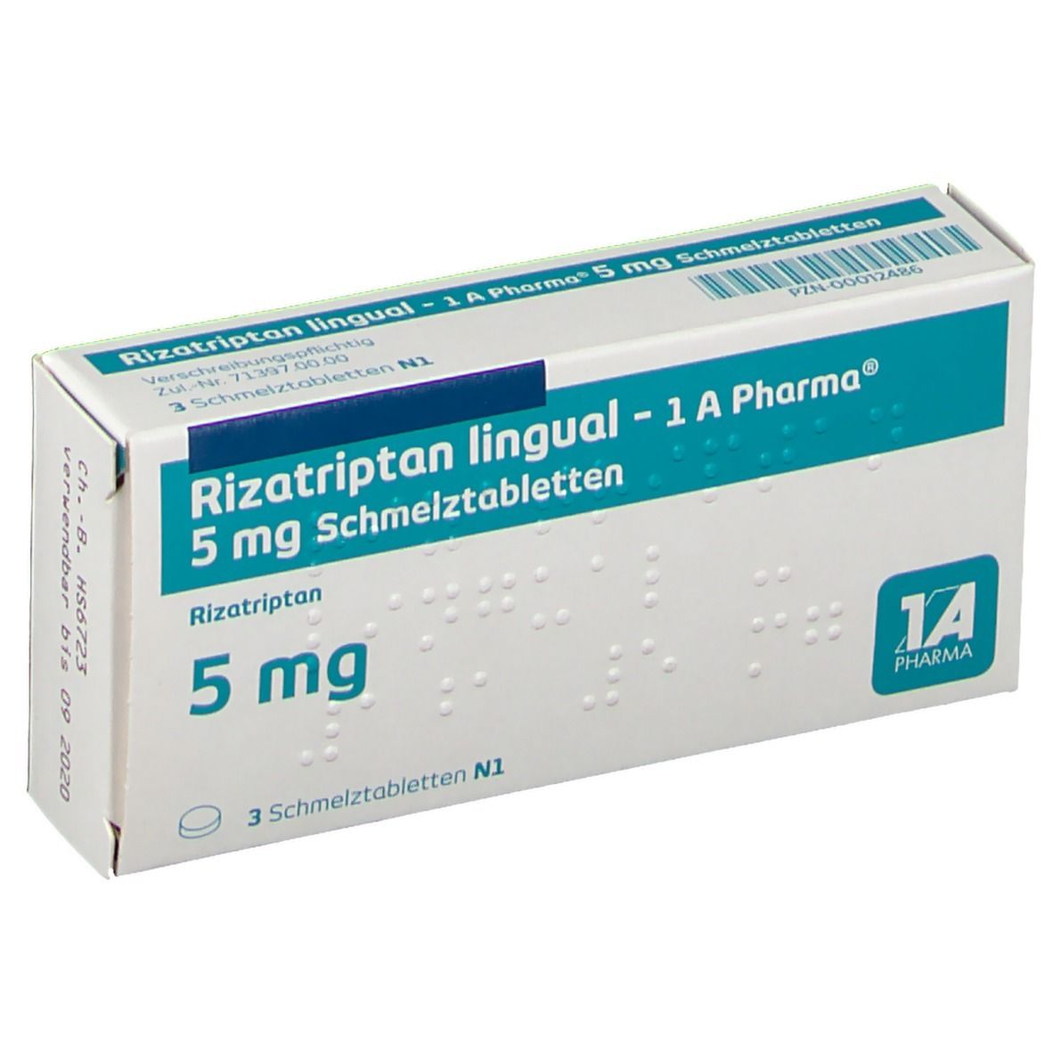 Schachtel mit RIZATRIPTAN lingual 1A Pharma 5 mg Schmelztabl. Aufschrift: 5 mg, 3 Schmelztabletten. Logo 1A Pharma.