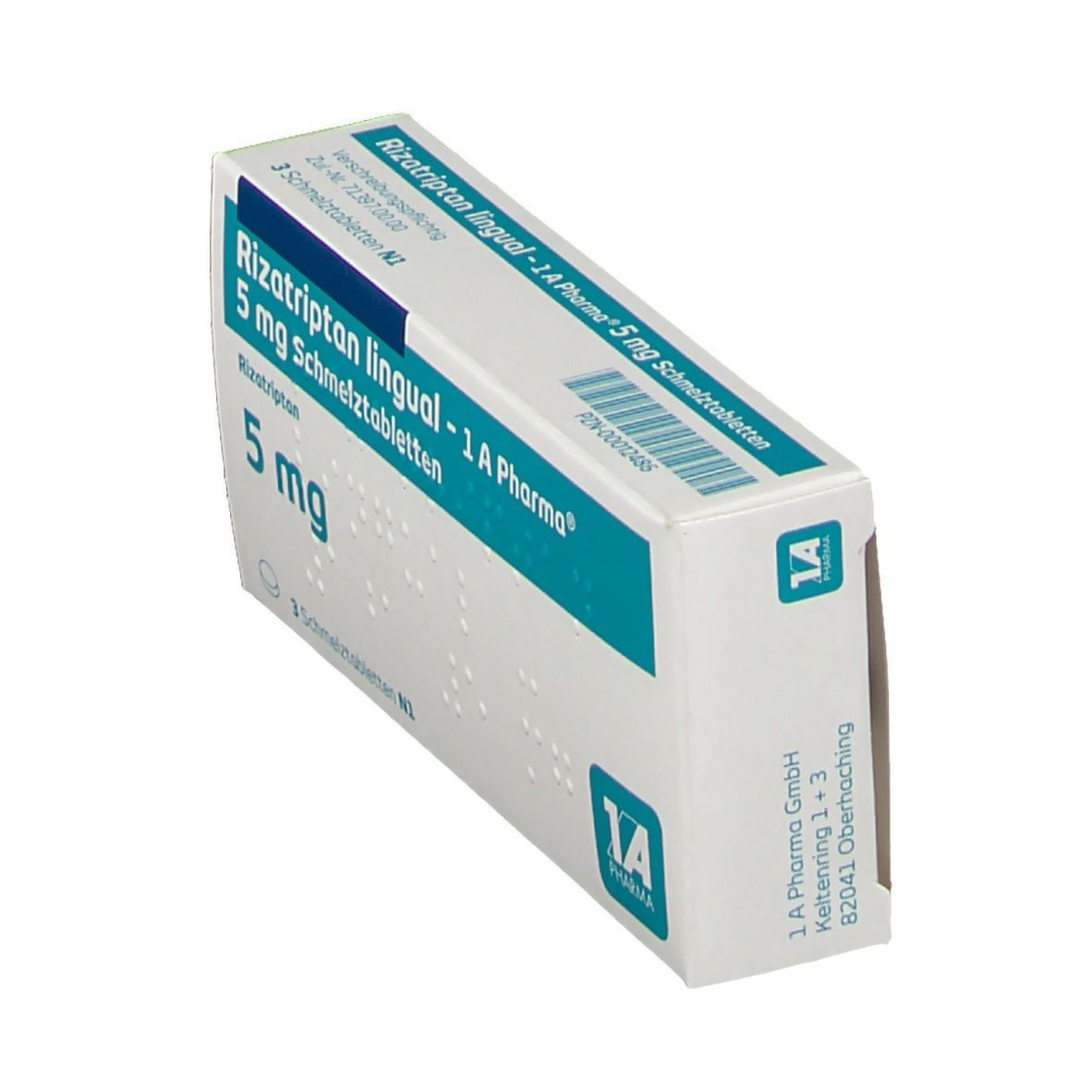 Schachtel RIZATRIPTAN lingual 1A Pharma 5 mg Schmelztabl. Aufschrift: 5 mg, 3 Schmelztabletten. Logo 1A Pharma. Seitenansicht.