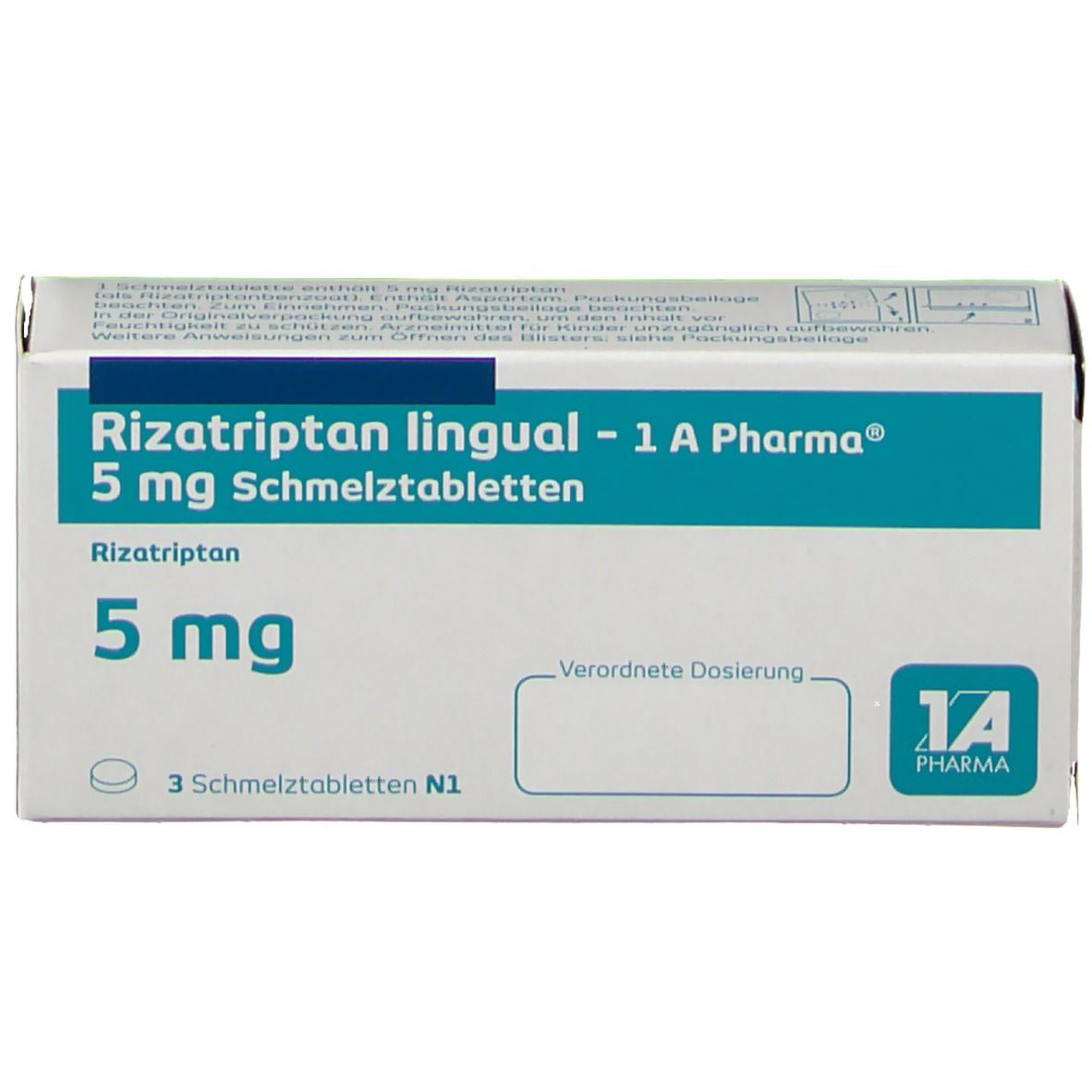 Schachtel mit RIZATRIPTAN lingual 1A Pharma 5 mg Schmelztabl. Aufschrift: 5 mg, 3 Schmelztabletten. Logo 1A Pharma.