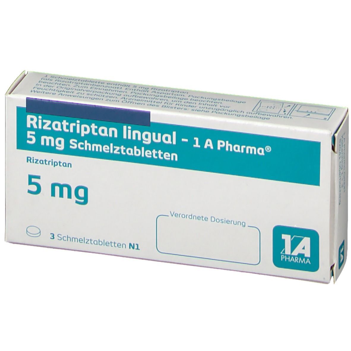 Schachtel mit RIZATRIPTAN lingual 1A Pharma 5 mg Schmelztabl. Aufschrift: 5 mg, 3 Schmelztabletten. Logo 1A Pharma.