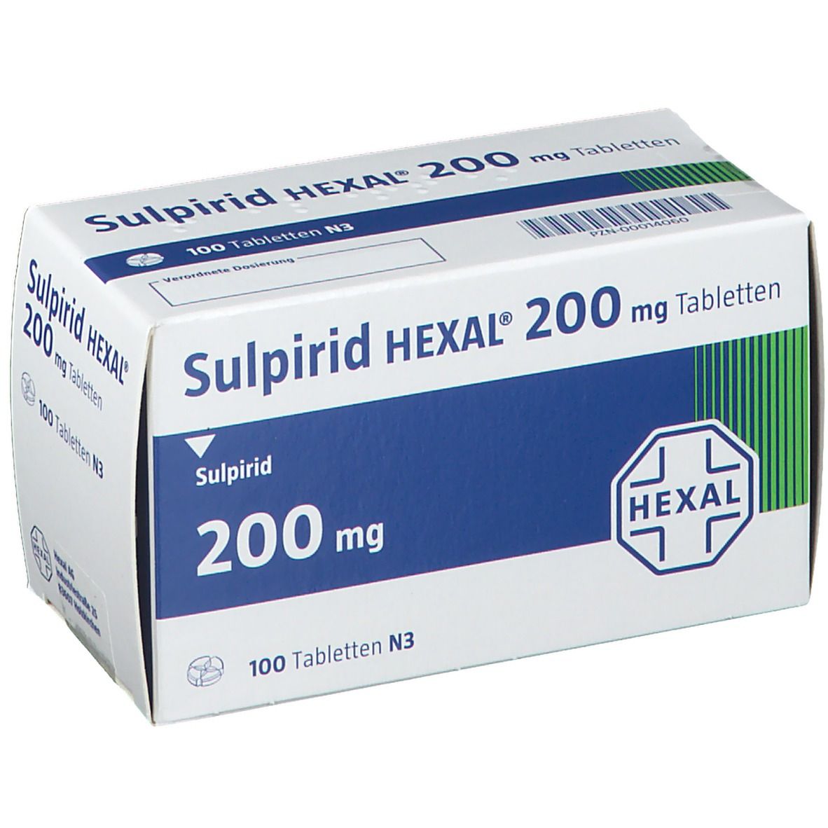 Schachtel Sulpirid Hexal 200 mg Tabletten. Weiße Verpackung mit blauem Feld und Produktinformationen. Hexal Logo.