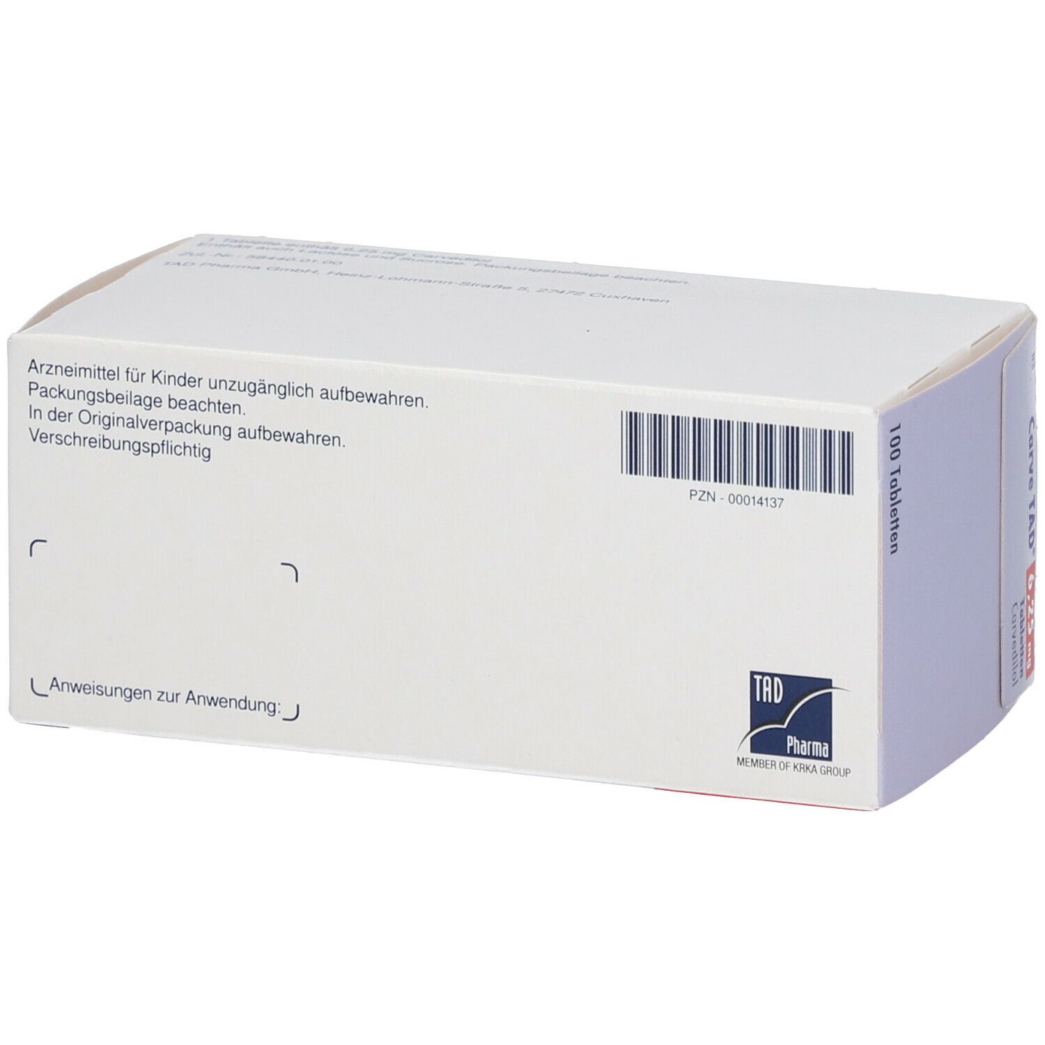 Rückseite der Schachtel Carve TAD 6,25 mg Tabletten. Weiße Verpackung mit Text. PZN-Nummer und Logo.
