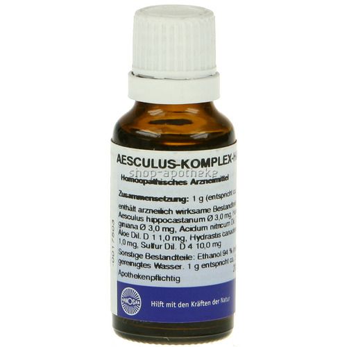 Braune Glasflasche mit weißem Verschluss. Beschriftung: Aesculus-Komplex-H, shop-apotheke, homöopathisches Arzneimittel.
