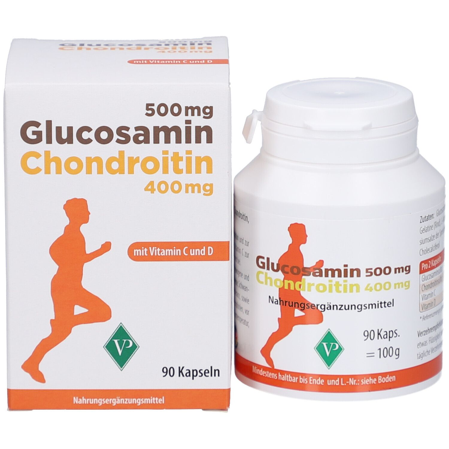 Produktverpackung: Karton und Dose mit Glucosamin Chondroitin 400mg. 90 Kapseln. Mit Vitamin C und D.