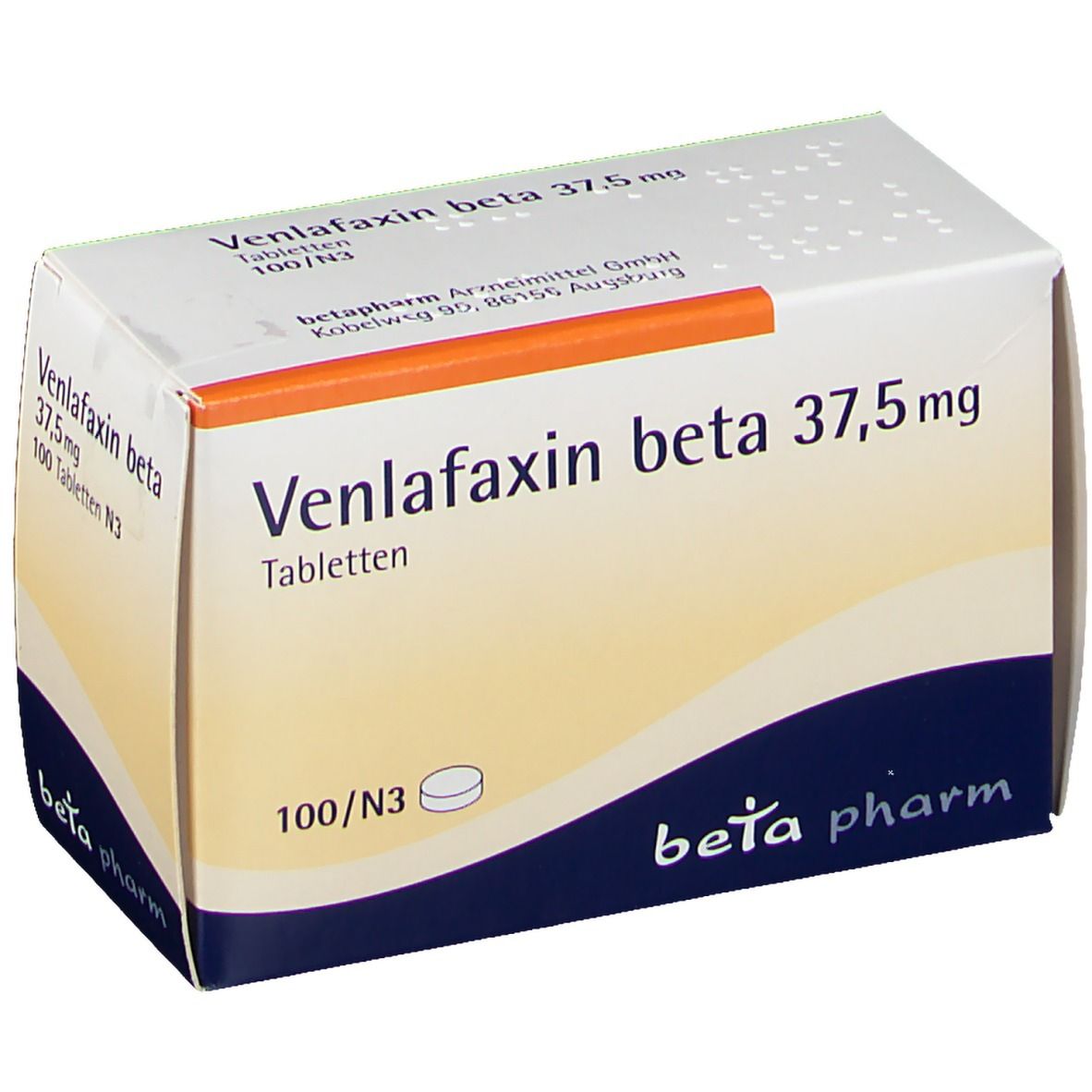 Schachtel mit Venlafaxin beta 37,5 mg Tabletten. Weiß-orangefarbenes Design mit Produktnamen und beta pharm Logo.