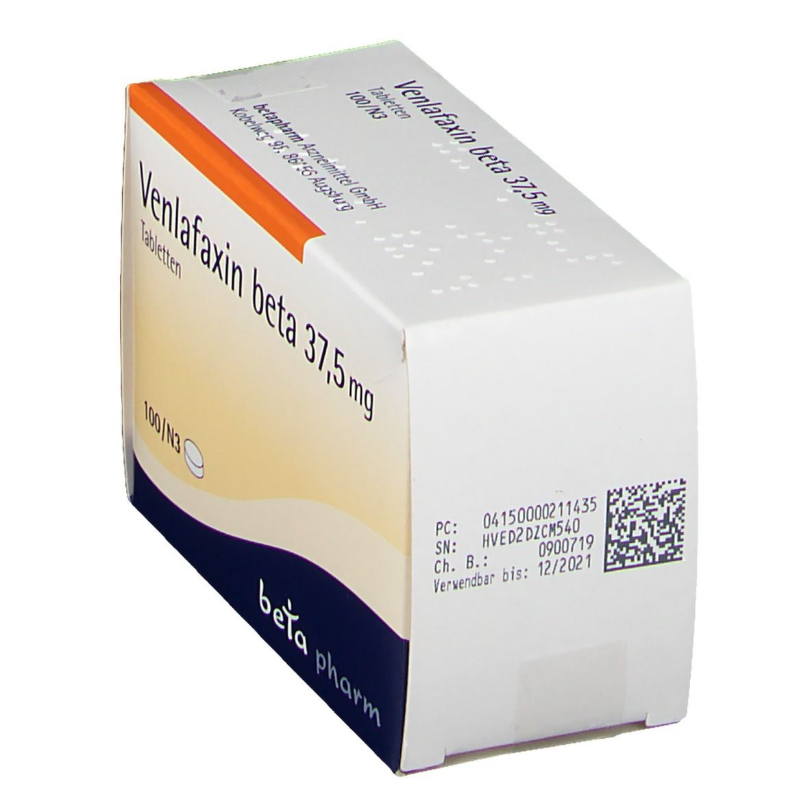 Schachtel Venlafaxin beta 37,5 mg, Seitenansicht. Produktname, Chargennummer, Verfallsdatum und beta pharm Logo.