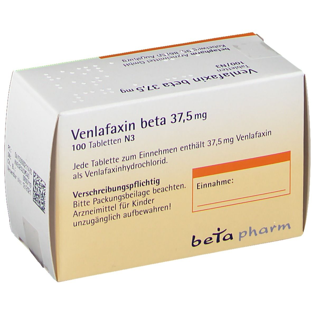 Schachtel Venlafaxin beta 37,5 mg. Produktname, Dosierung, Tablettenanzahl und beta pharm Logo. Textfeld für Einnahme.
