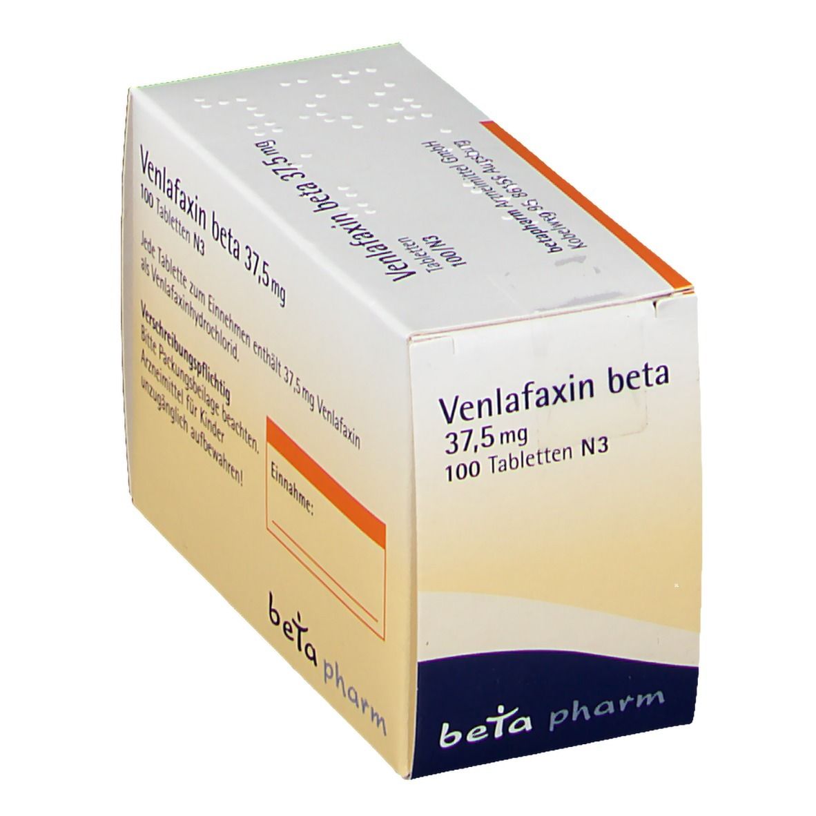 Schachtel Venlafaxin beta 37,5 mg, schräg. Produktname, Dosierung, Tablettenanzahl und beta pharm Logo. Textfeld für Einnahme.