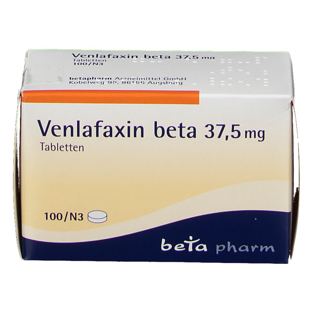 Schachtel Venlafaxin beta 37,5 mg. Weiß-orangefarbenes Design mit Produktnamen, Dosierung, Tablettenanzahl und beta pharm Logo.