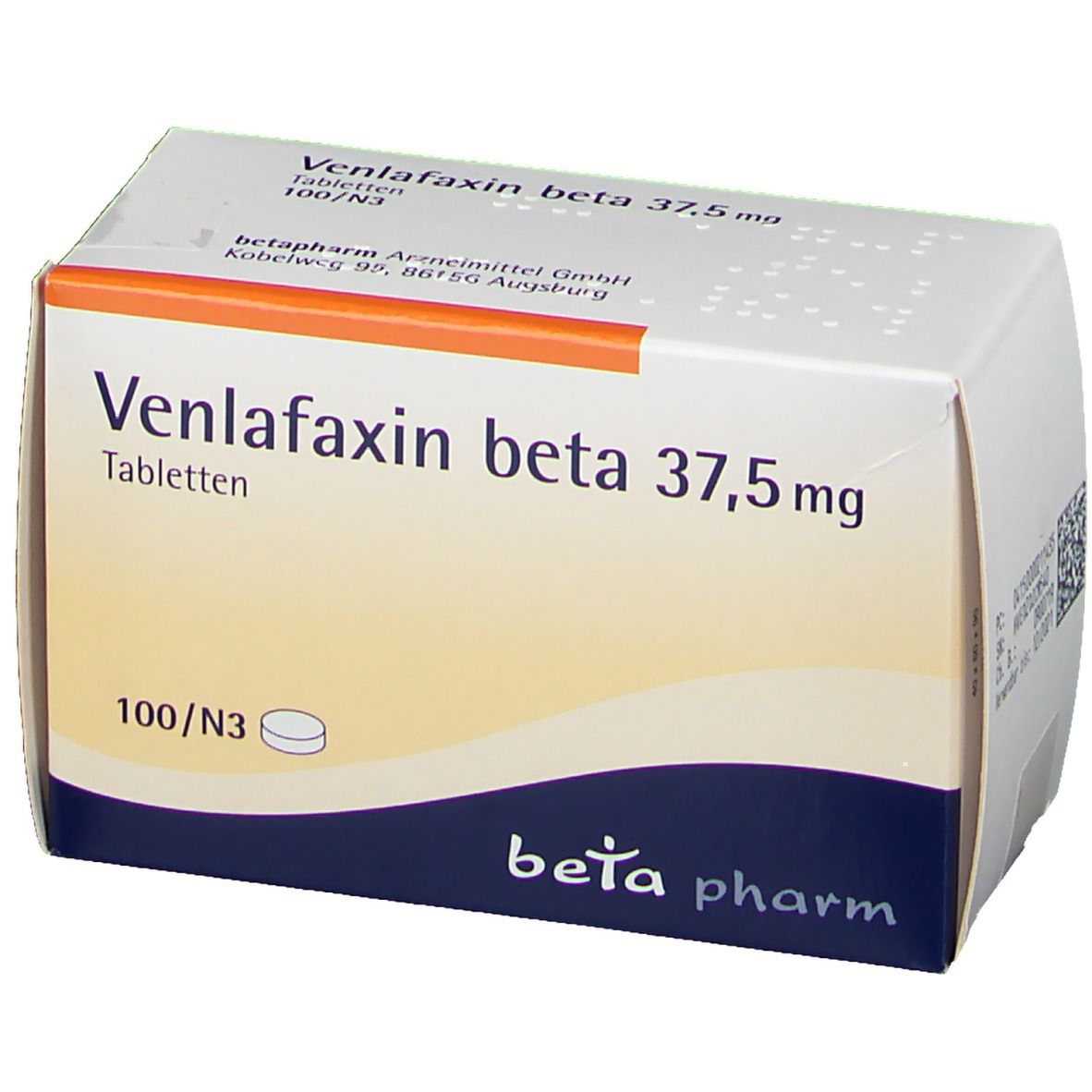 Schachtel Venlafaxin beta 37,5 mg. Produktname, Dosierung, Tablettenanzahl und beta pharm Logo. Weiße Tablette abgebildet.