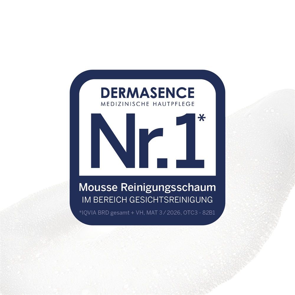 Dermasence Logo mit Auszeichnung "Nr. 1" für Mousse Reinigungsschaum im Bereich Gesichtsreinigung.