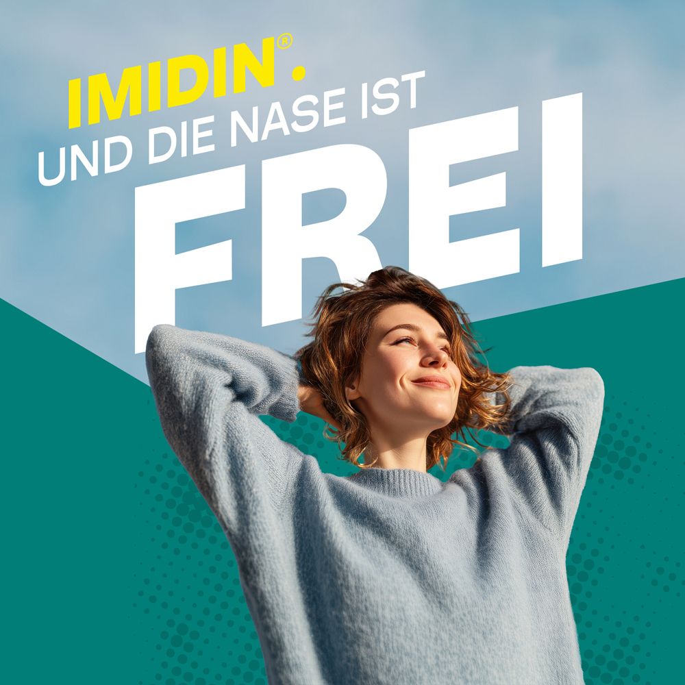 Frau mit erhobenen Armen. Text: Imidin und die Nase ist frei. Grüner Hintergrund mit weißen Punkten.