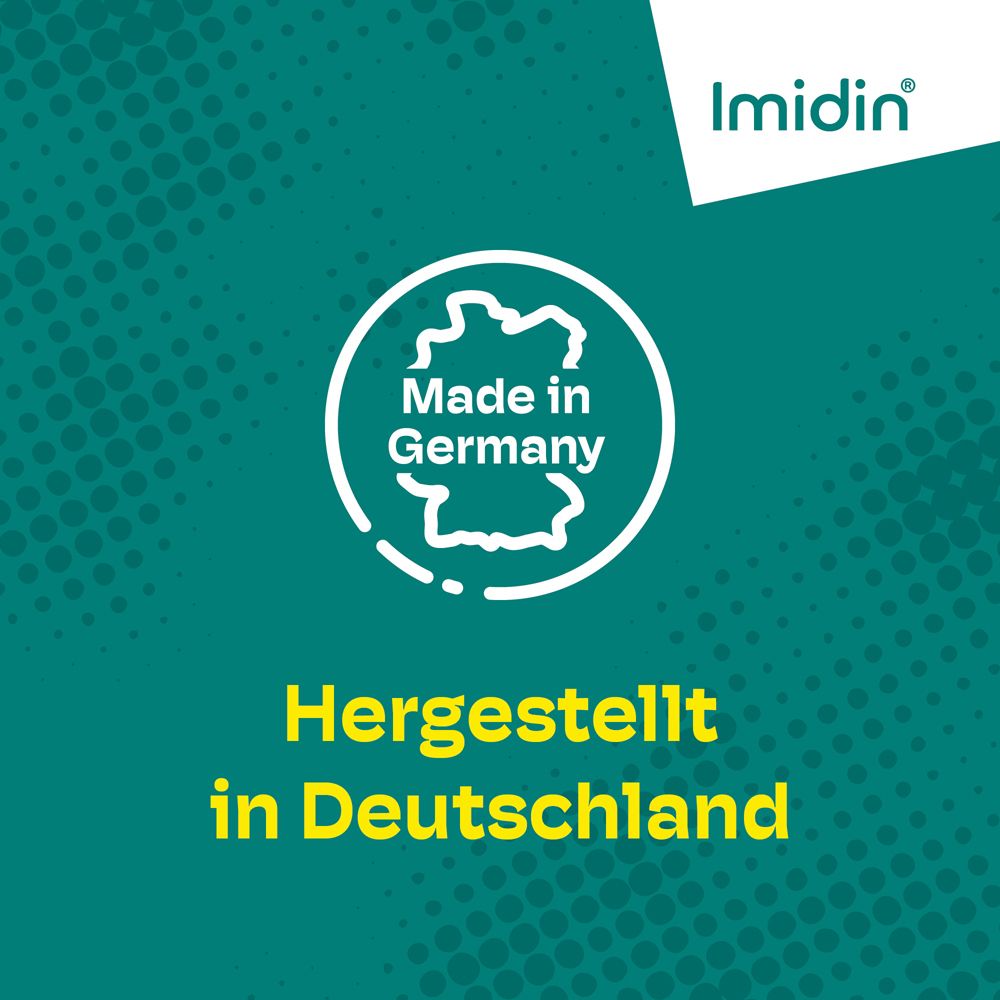 Text: Hergestellt in Deutschland. Umrisskarte von Deutschland. Grüner Hintergrund. Imidin Logo.