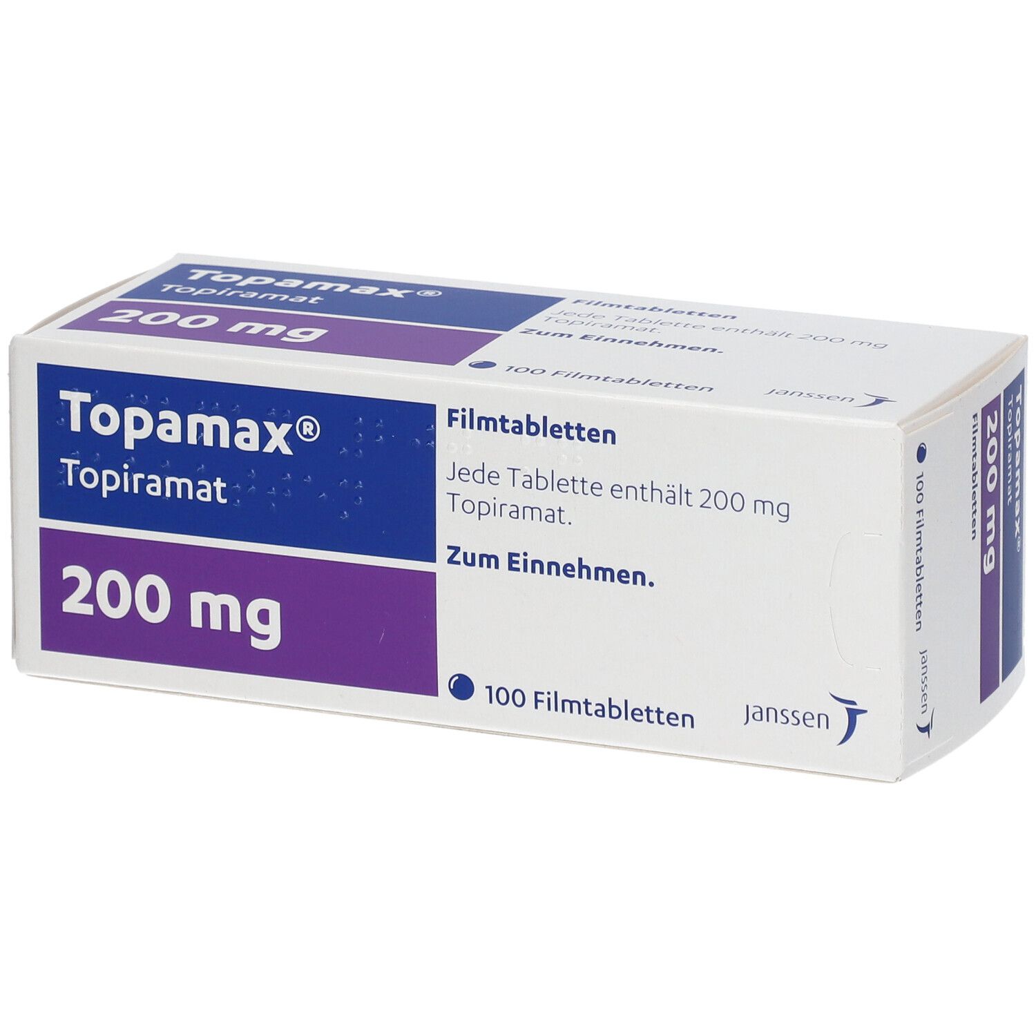 Schachtel mit Topamax 200 mg Filmtabl. Aufschrift: Topamax, Topiramat, 200 mg, 100 Filmtabl. Janssen Logo. Weiße und violette Verpackung.