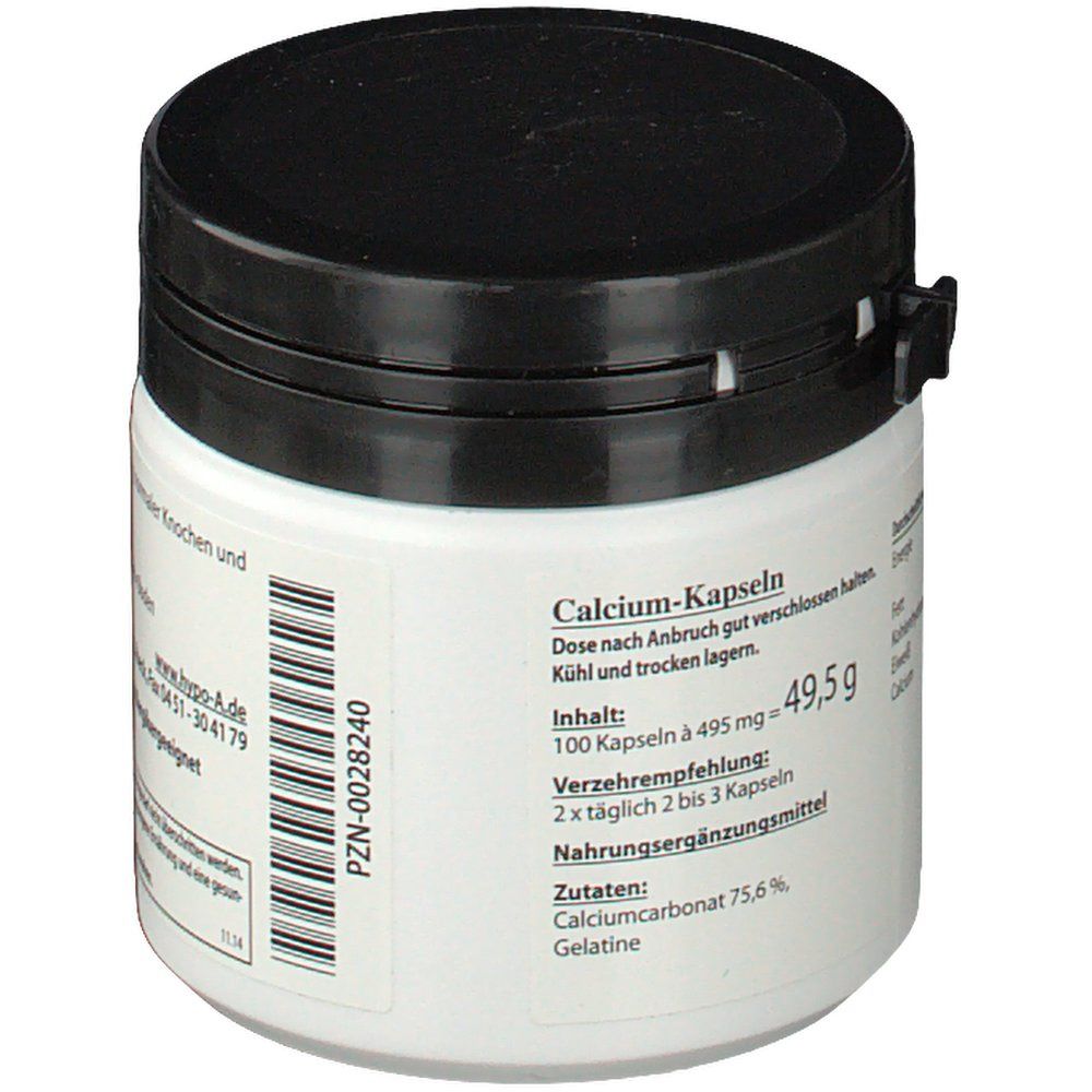 Weiße Dose mit schwarzem Deckel. Aufschrift: Calcium-Kapseln. Inhalt: 100 Kapseln à 495 mg = 49,5 g. Text: Zutaten: Calciumcarbonat 75,6%, Gelatine.