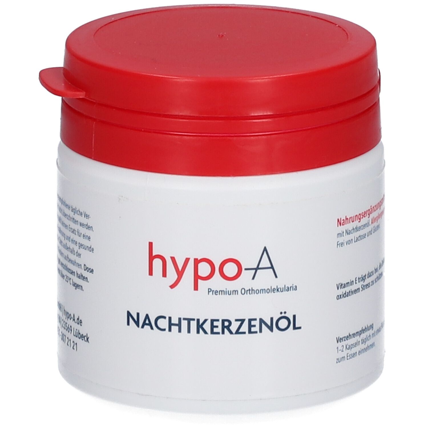 Weißer Behälter mit rotem Deckel. Beschriftung: hypo-A Nachtkerzenöl. Premium Orthomolekularia. Aufdrucke und Logos.