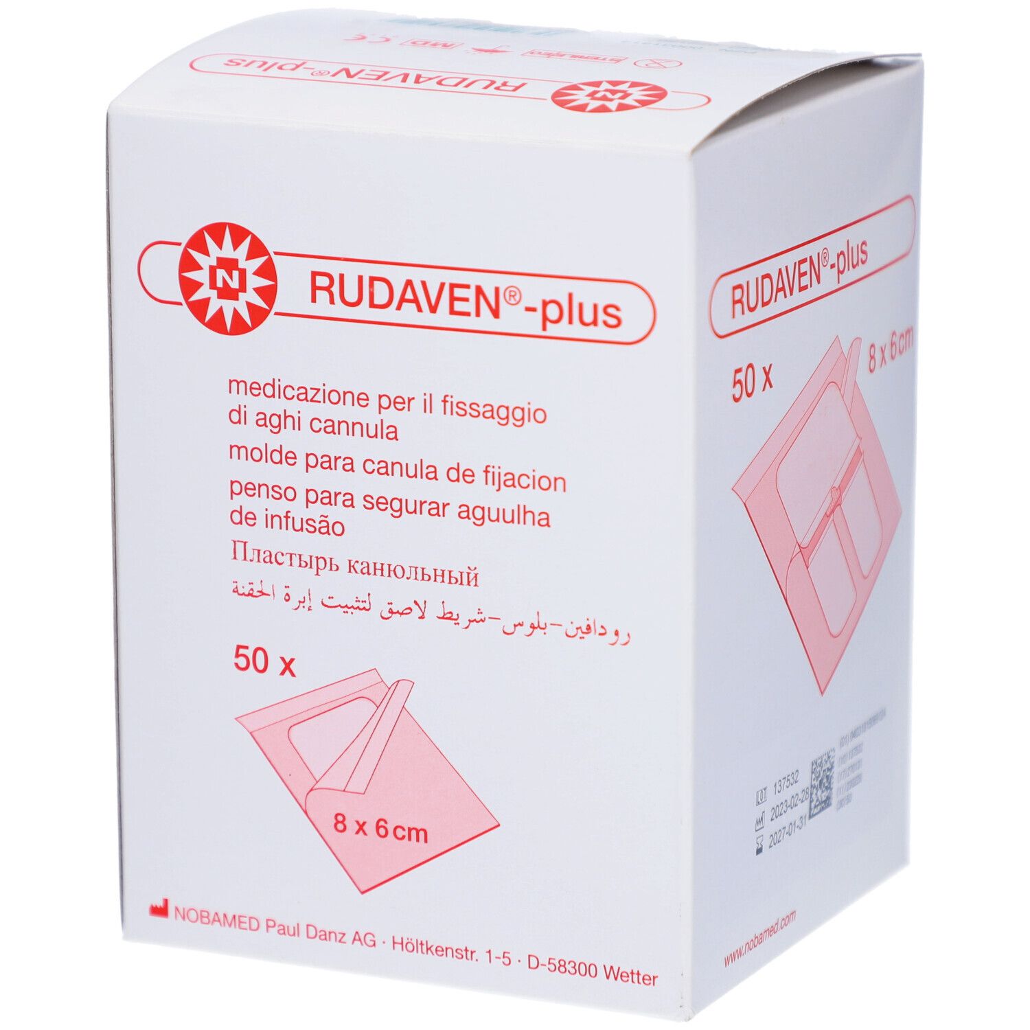 Karton RUDAVEN®-plus mit 50 Pflastern, 8x6cm. Mehrsprachige Produktbeschreibungen.