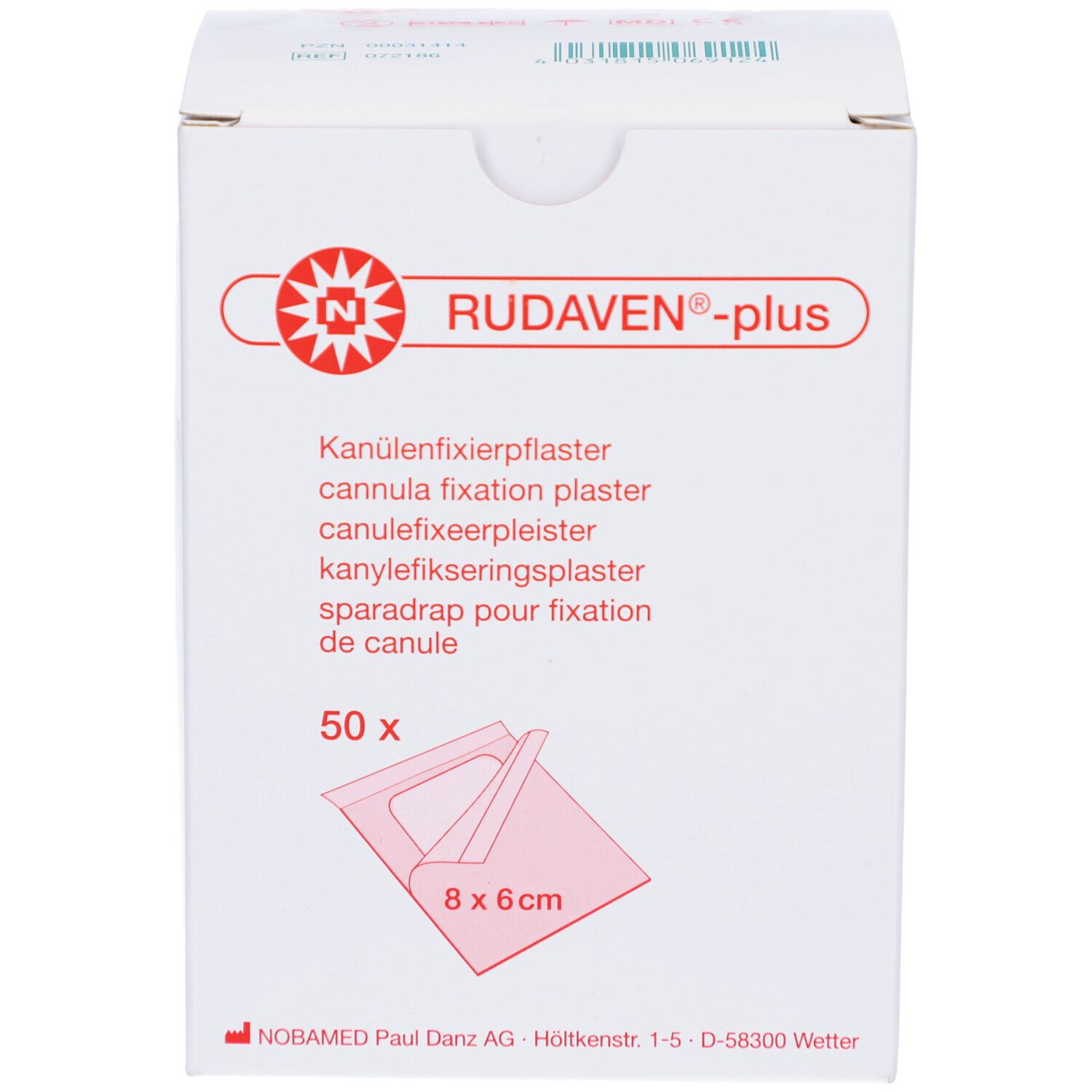 Karton RUDAVEN®-plus mit 50 Pflastern, 8x6cm. Produktname und Beschreibung.