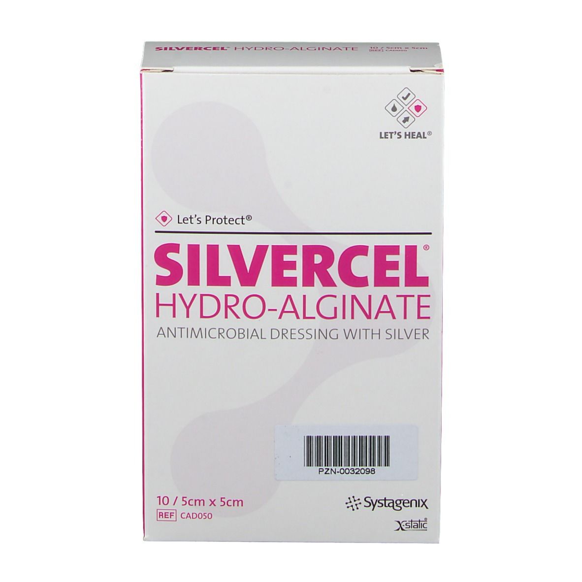 Verpackung SILVERCEL Hydro-Alginat, antimikrobielle Wundauflage mit Silber. 10 Stück, 5x5 cm. Rosa und weiß.