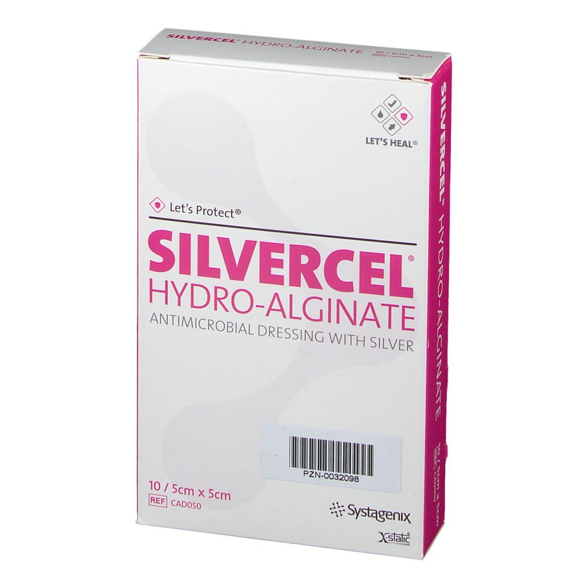 Verpackung SILVERCEL Hydro-Alginat, antimikrobielle Wundauflage mit Silber. 10 Stück, 5x5 cm. Rosa und weiß.